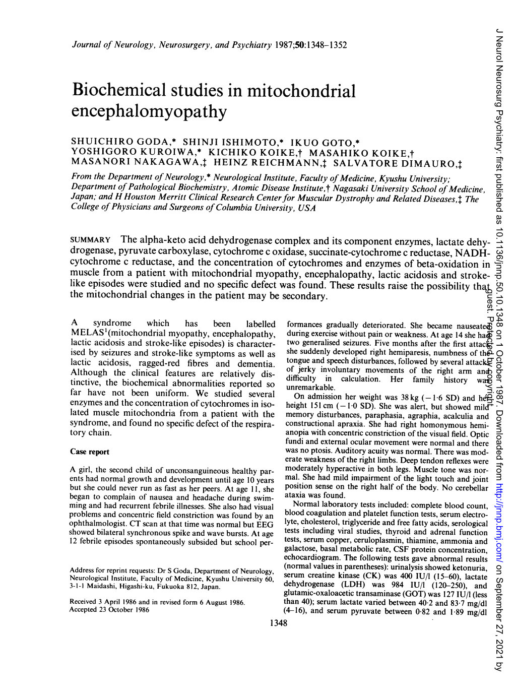 Biochemical Studies in Mitochondrial Encephalomyopathy