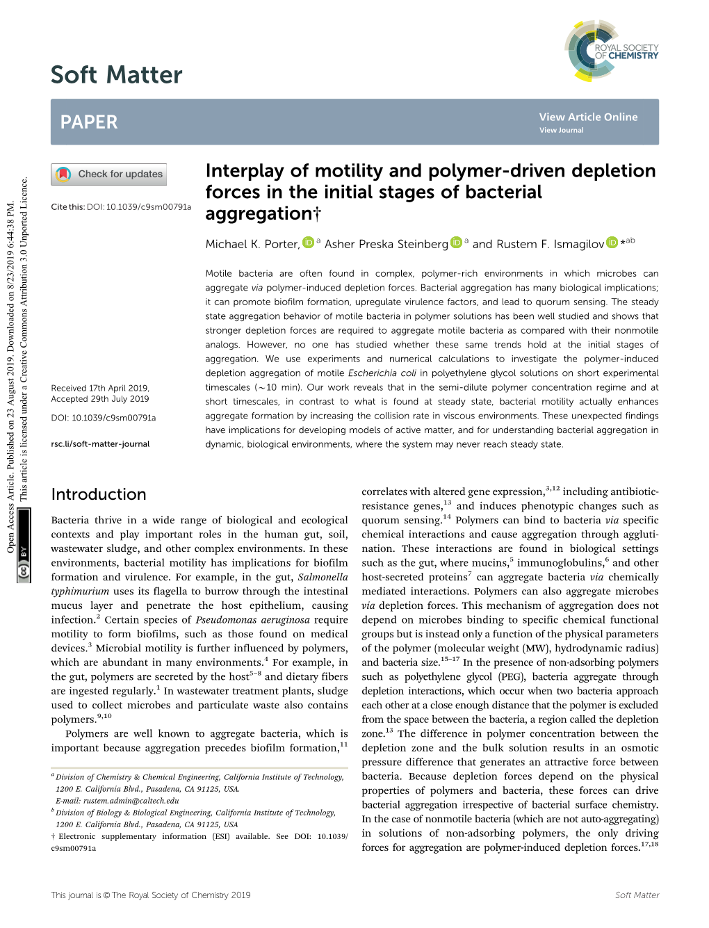 Interplay of Motility and Polymer-Driven Depletion Forces in the Initial Stages of Bacterial Cite This: DOI: 10.1039/C9sm00791a Aggregation†