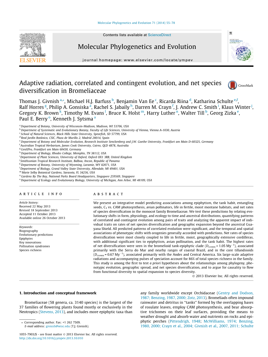 Adaptive Radiation, Correlated and Contingent Evolution, and Net Species Diversiﬁcation in Bromeliaceae