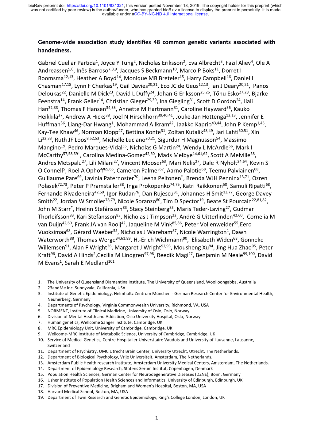 Genome-Wide Association Study Identifies 48 Common Genetic Variants Associated with Handedness