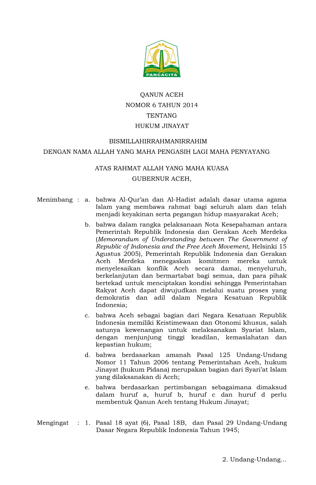 Qanun Aceh Nomor 6 Tahun 2014 Tentang Hukum Jinayat