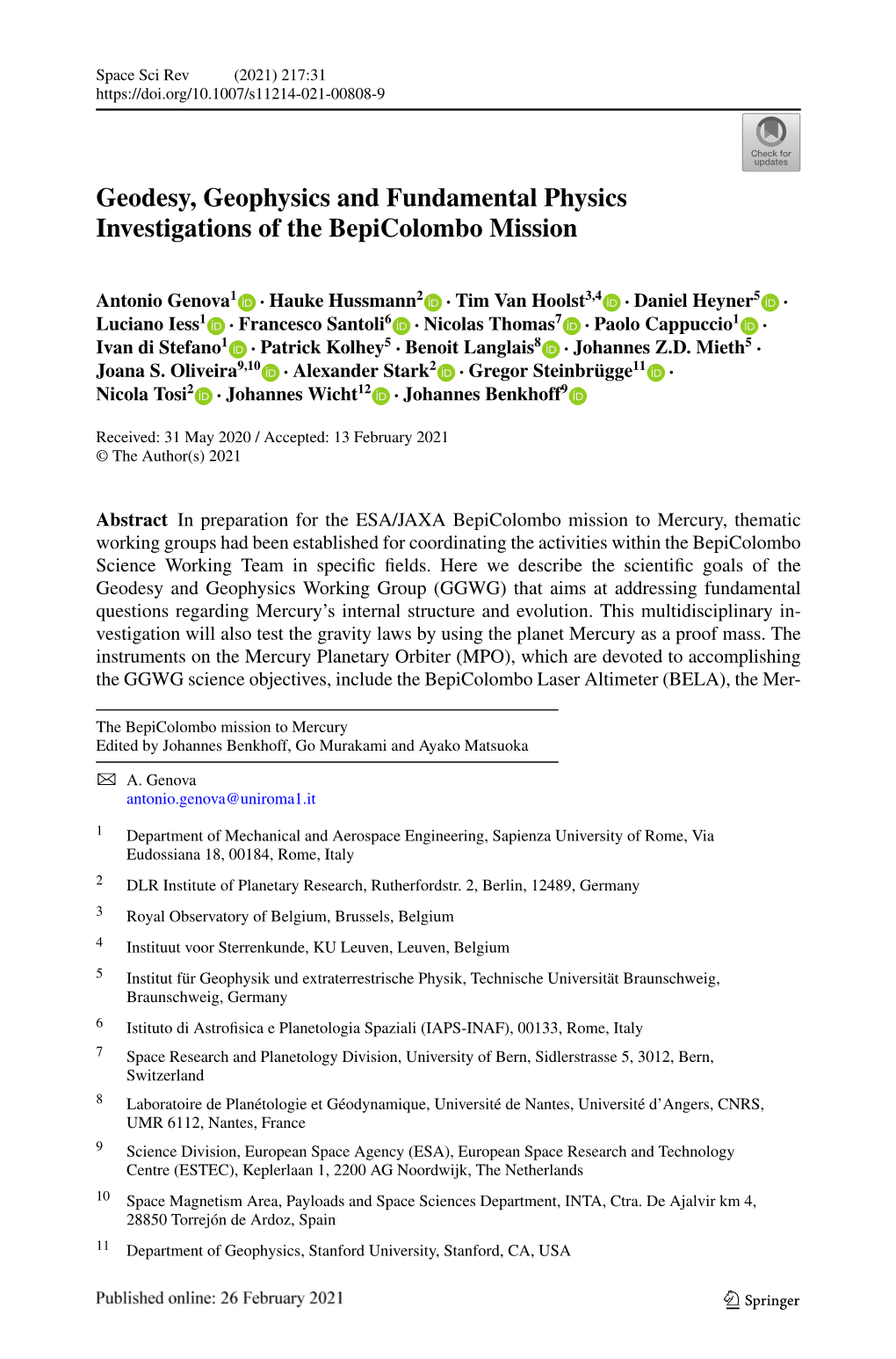 Geodesy, Geophysics and Fundamental Physics Investigations of the Bepicolombo Mission