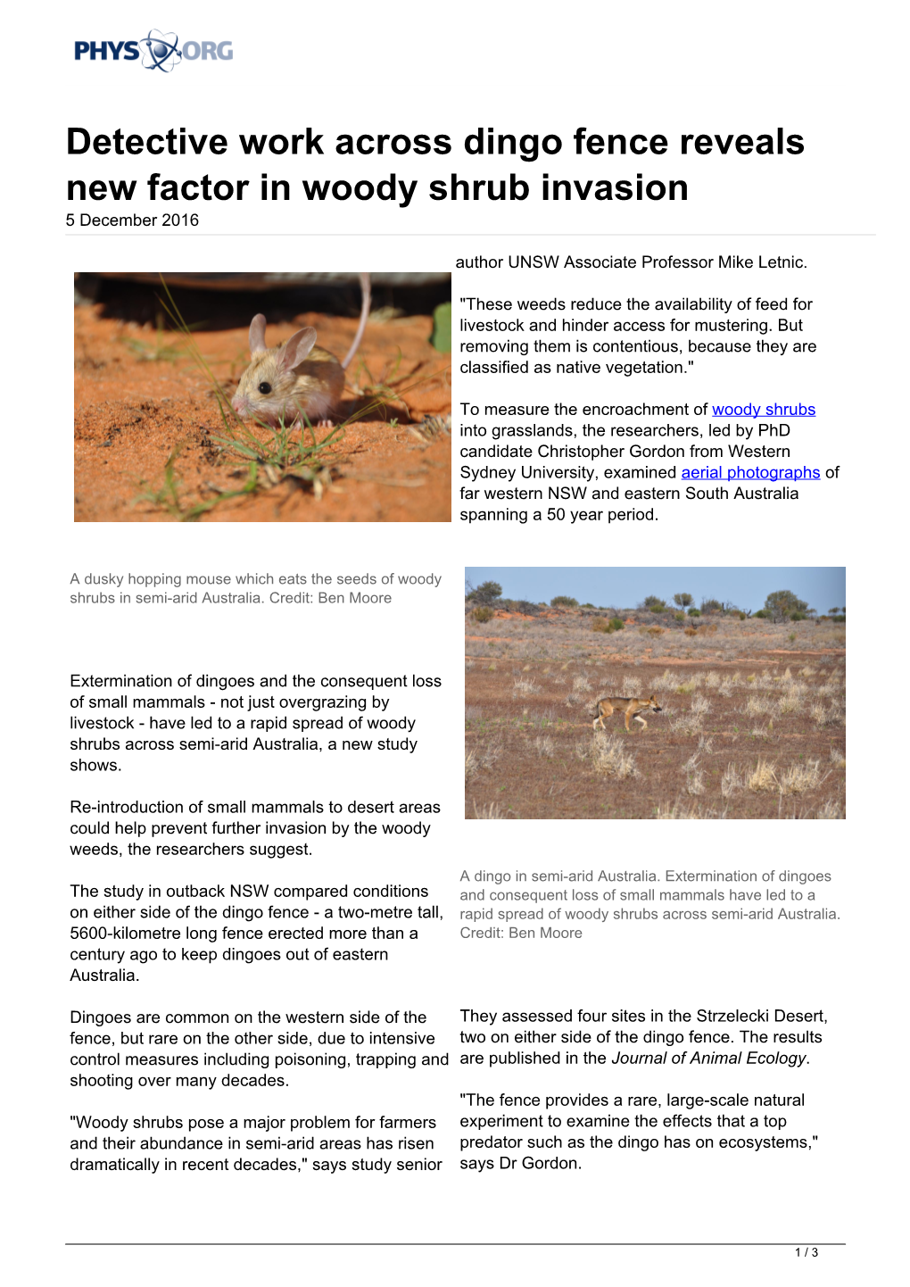 Detective Work Across Dingo Fence Reveals New Factor in Woody Shrub Invasion 5 December 2016