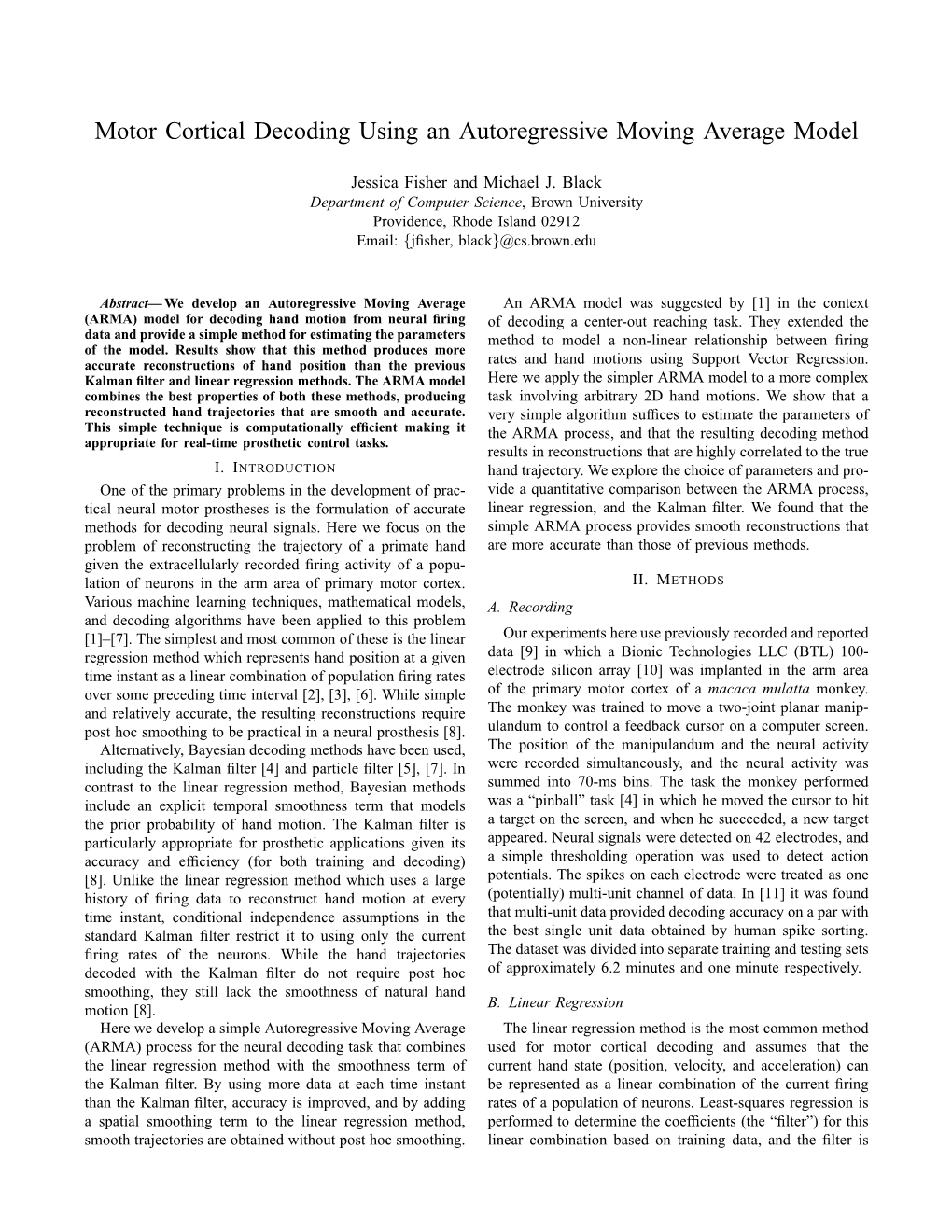 Motor Cortical Decoding Using an Autoregressive Moving Average Model