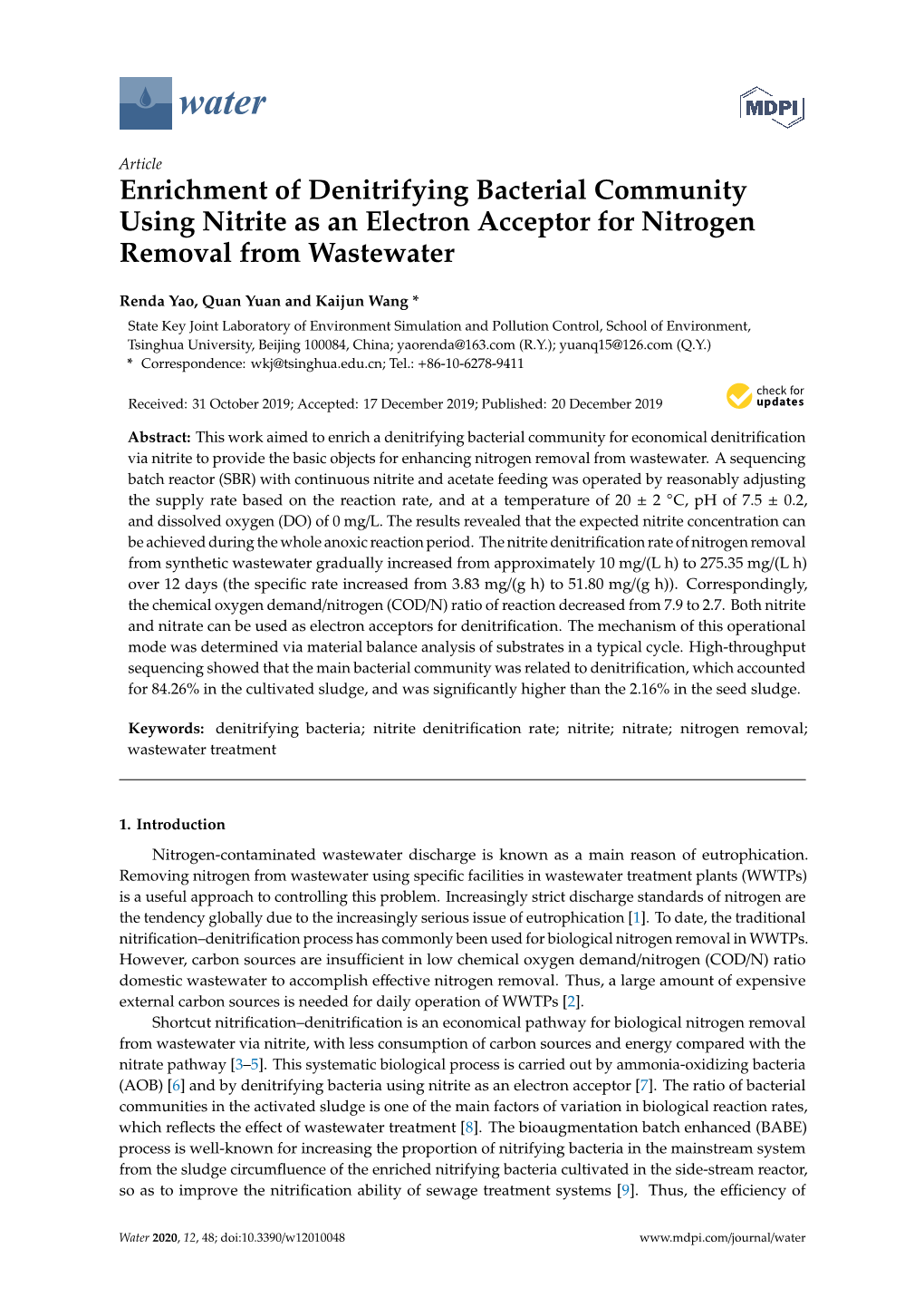 Enrichment of Denitrifying Bacterial Community Using Nitrite As an Electron Acceptor for Nitrogen Removal from Wastewater