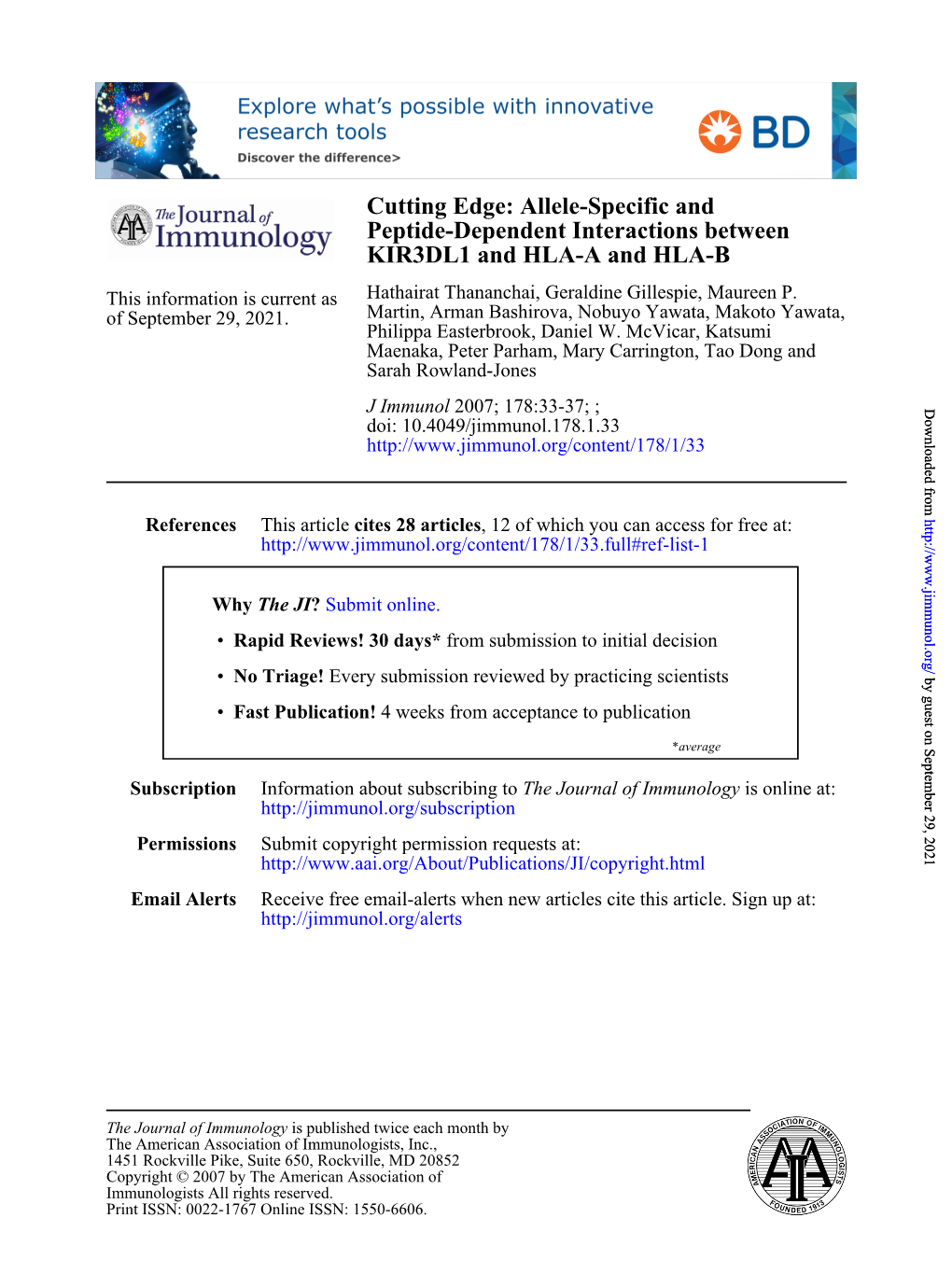 KIR3DL1 and HLA-A and HLA-B Peptide-Dependent Interactions Between Cutting Edge: Allele-Specific