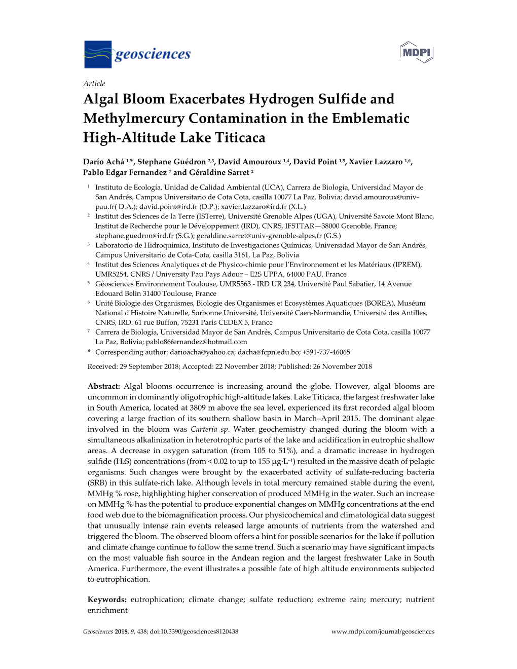 Algal Bloom Exacerbates Hydrogen Sulfide and Methylmercury Contamination in the Emblematic High-Altitude Lake Titicaca