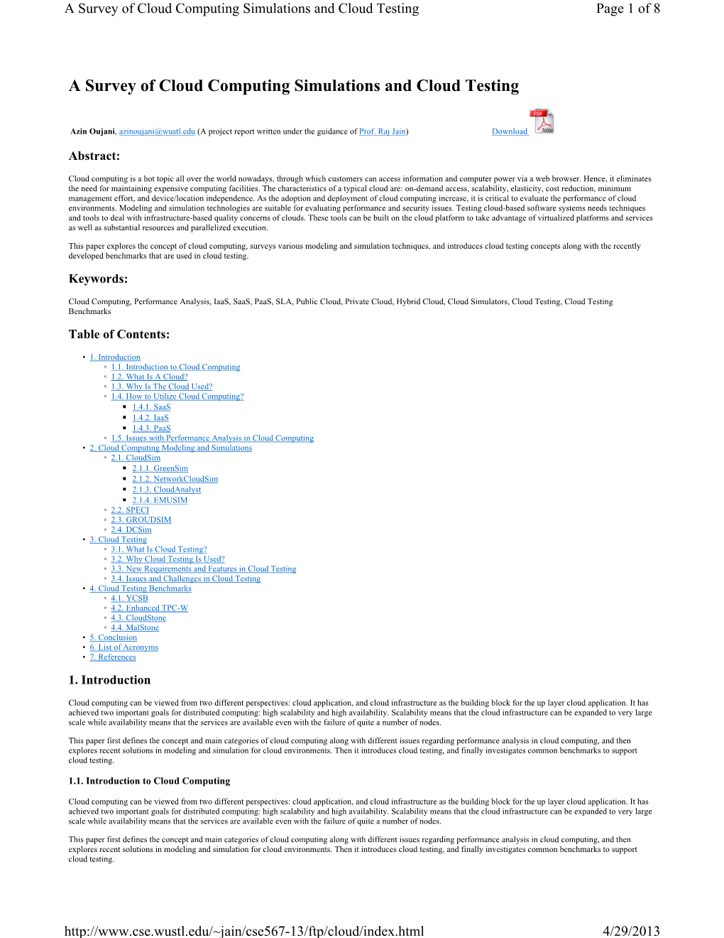 A Survey of Cloud Computing Simulations and Cloud Testing Page 1 of 8