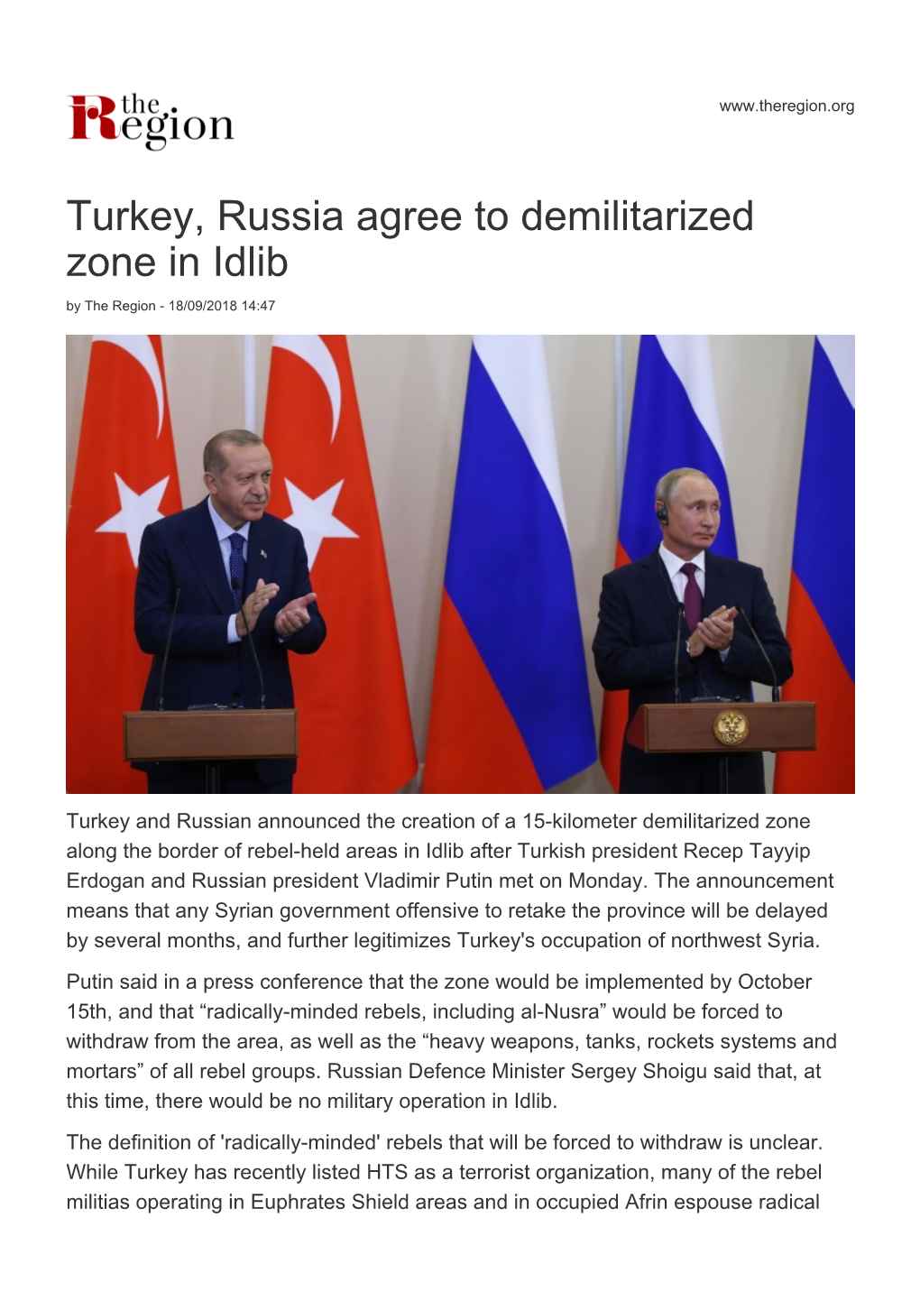 Turkey, Russia Agree to Demilitarized Zone in Idlib by the Region - 18/09/2018 14:47