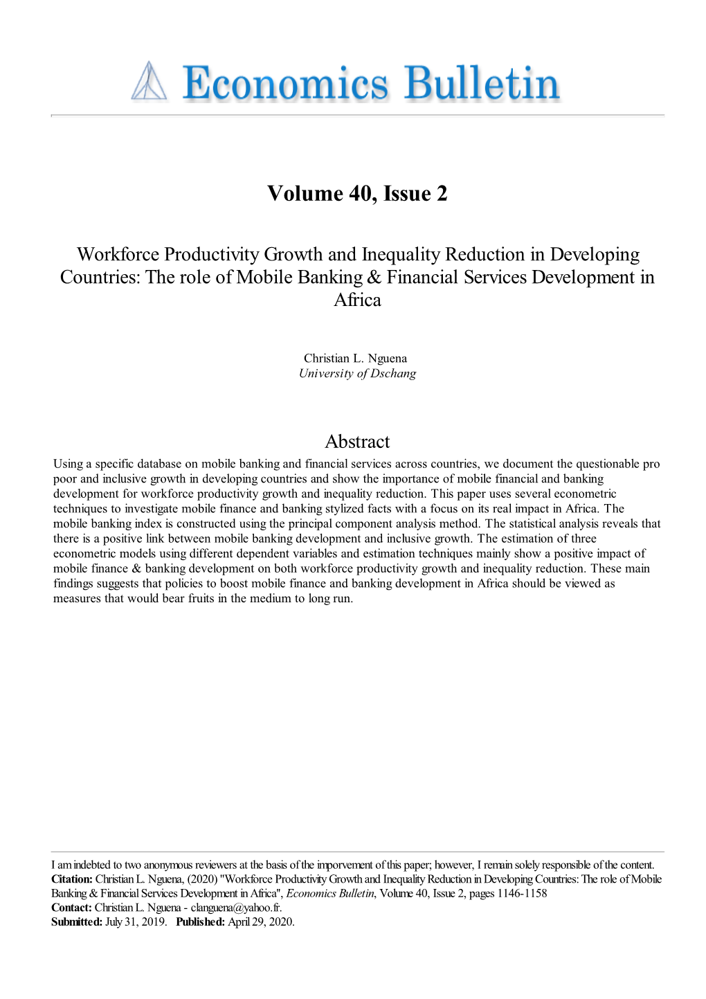 Workforce Productivity Growth and Inequality Reduction in Developing Countries: the Role of Mobile Banking & Financial Services Development in Africa