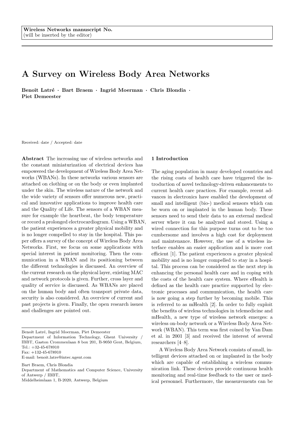 A Survey on Wireless Body Area Networks