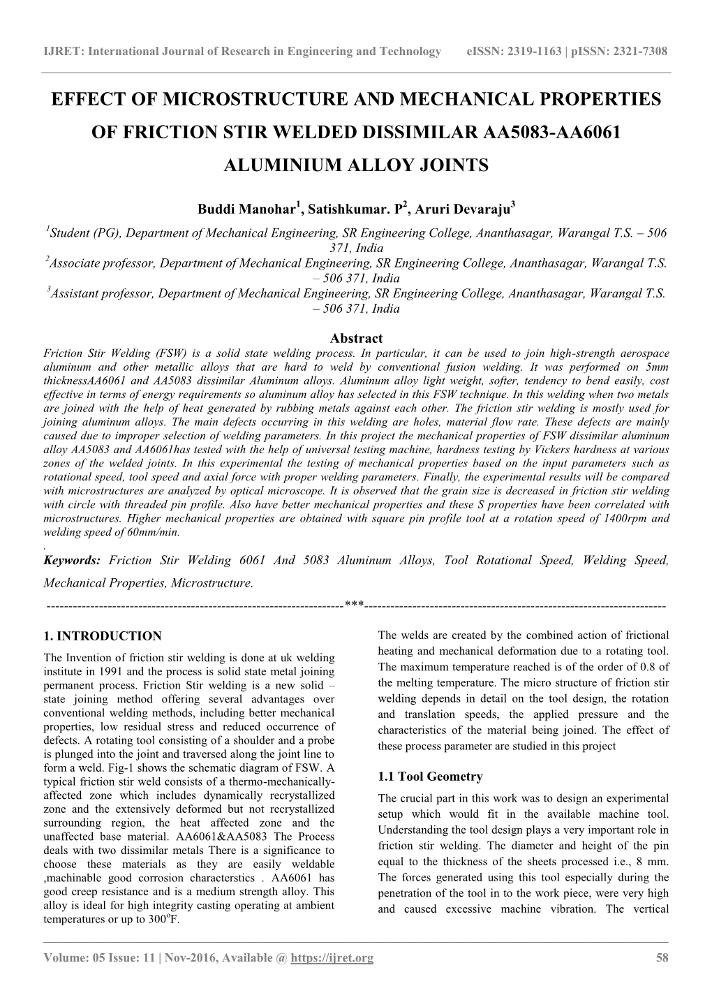 Effect of Microstructure and Mechanical Properties of Friction Stir Welded Dissimilar Aa5083-Aa6061 Aluminium Alloy Joints