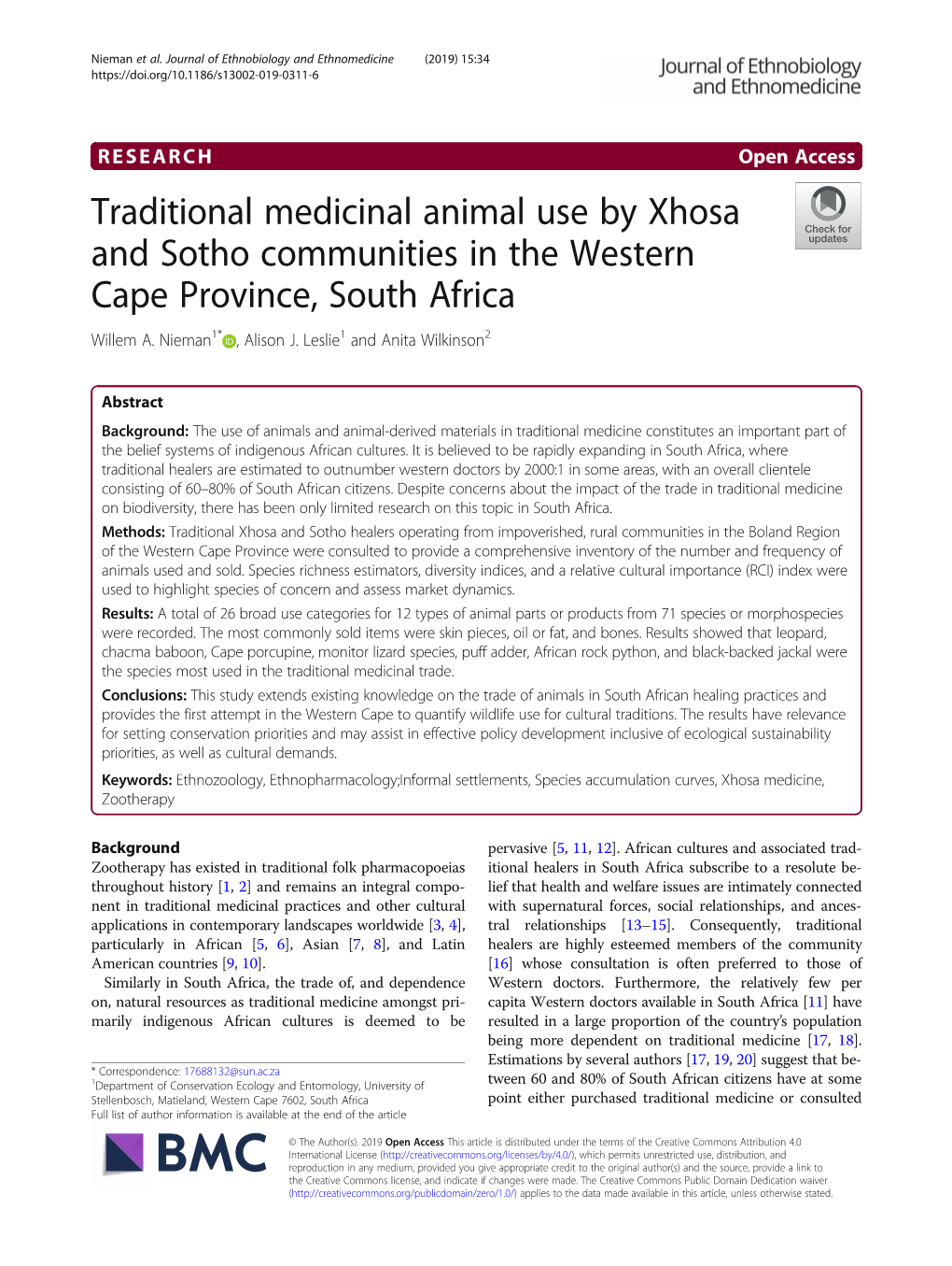 Traditional Medicinal Animal Use by Xhosa and Sotho Communities in the Western Cape Province, South Africa Willem A