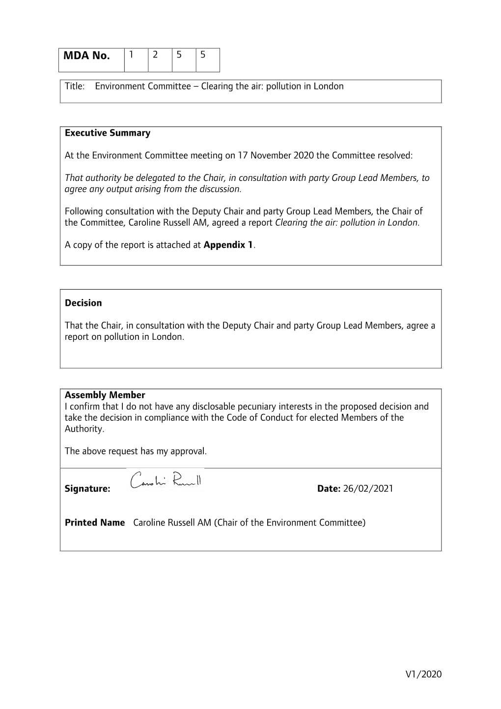 Environment Committee – Clearing the Air: Pollution in London