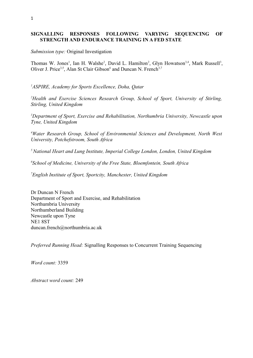 Signalling Responses Following Varying Sequencing of Strength and Endurance Training In