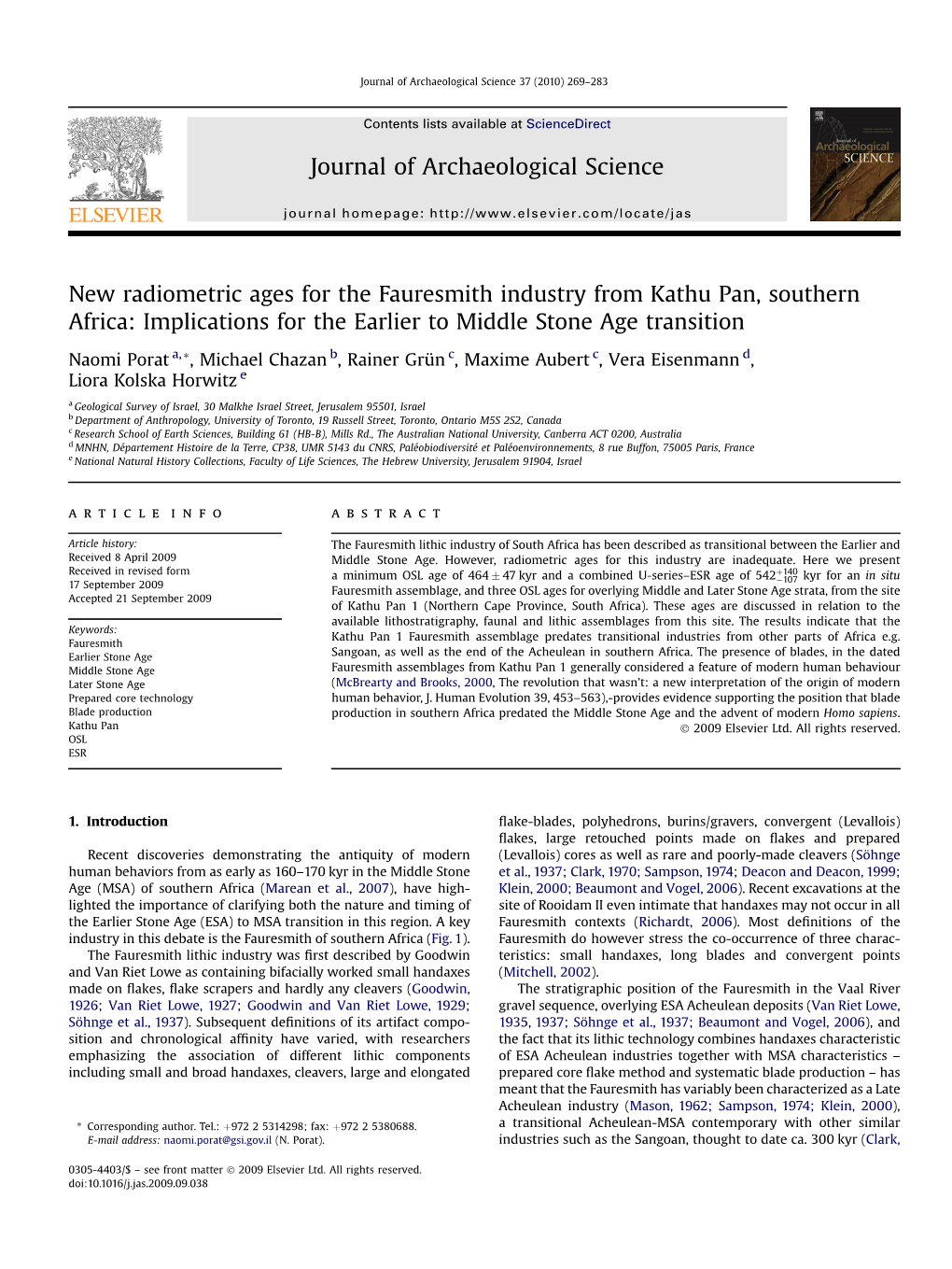 New Radiometric Ages for the Fauresmith Industry from Kathu Pan, Southern Africa: Implications for the Earlier to Middle Stone Age Transition