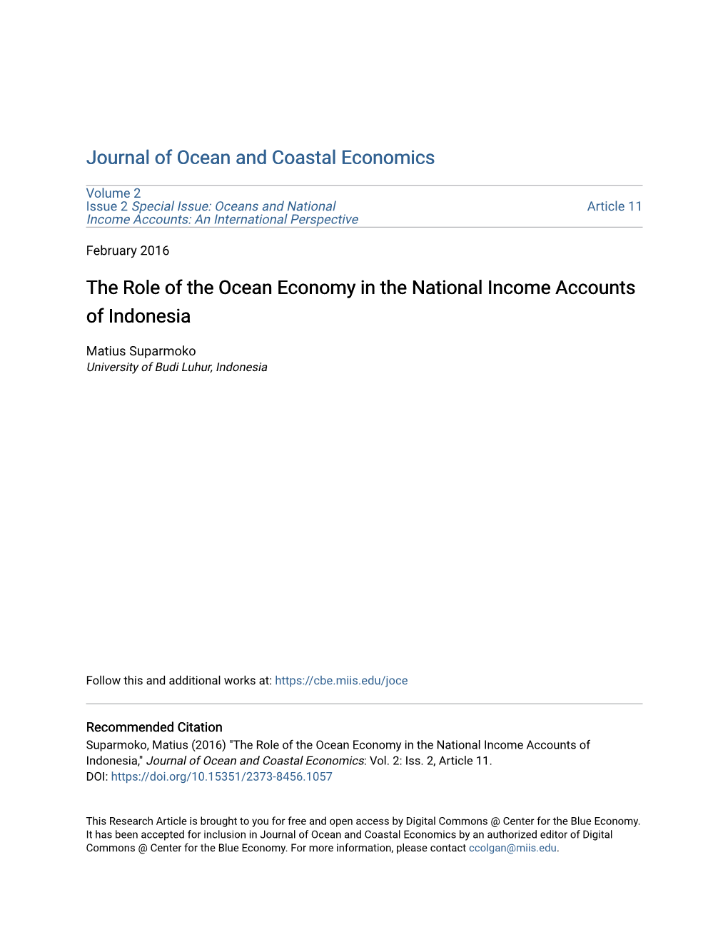 The Role of the Ocean Economy in the National Income Accounts of Indonesia