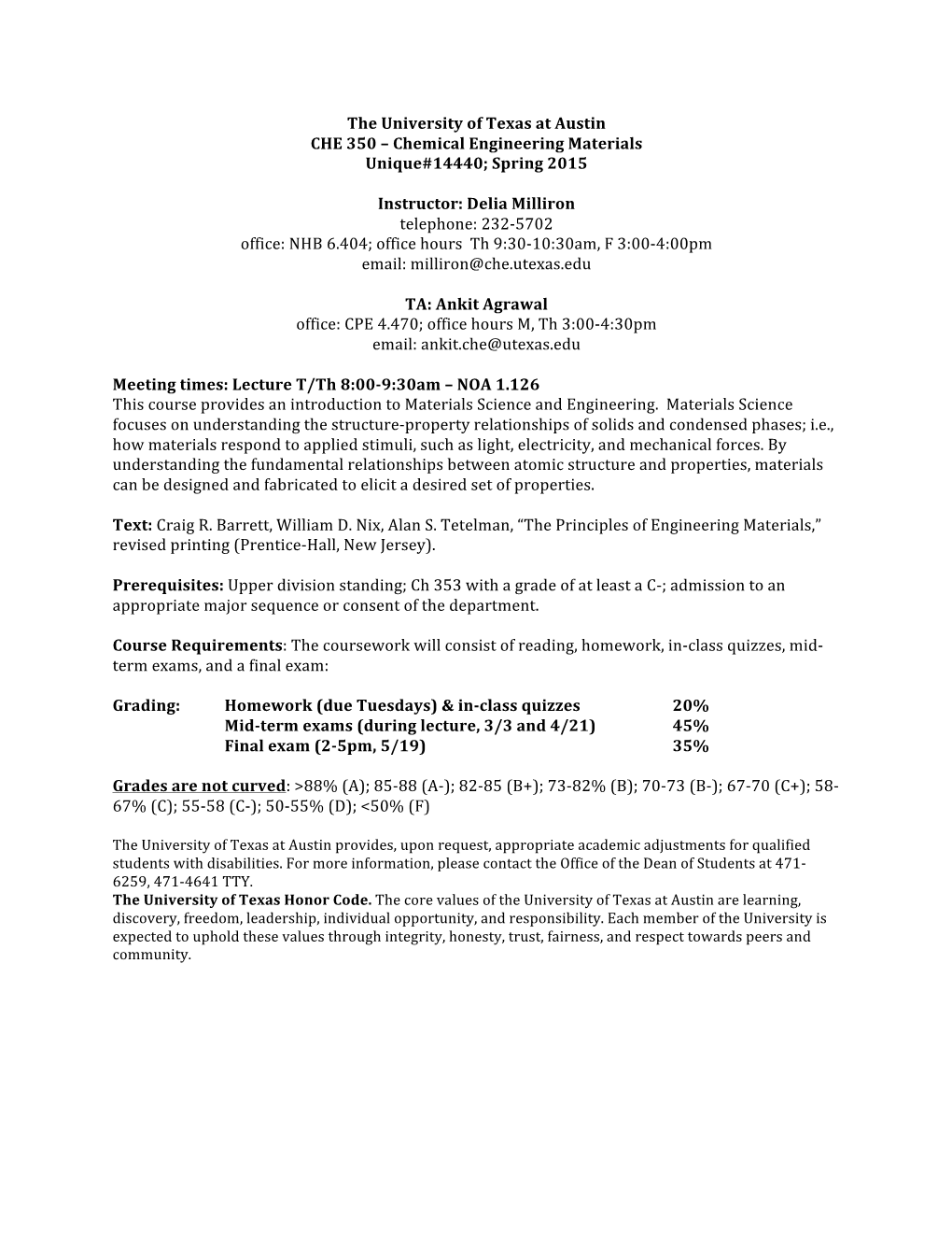 Chemical Engineering Materials Unique#14440; Spring 2015