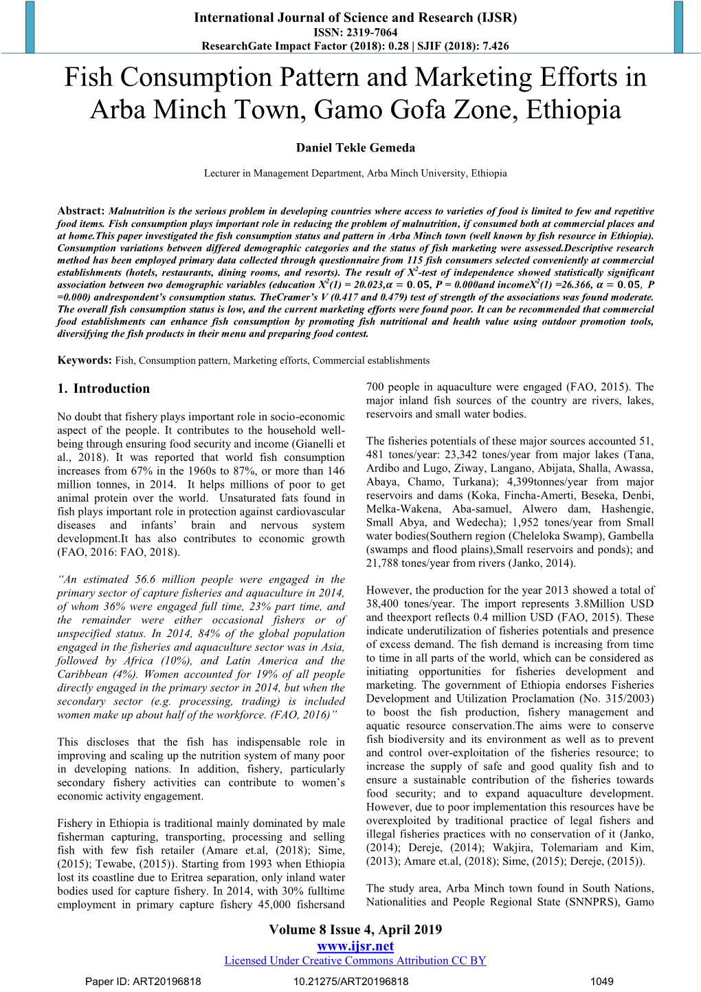 Fish Consumption Pattern and Marketing Efforts in Arba Minch Town, Gamo Gofa Zone, Ethiopia