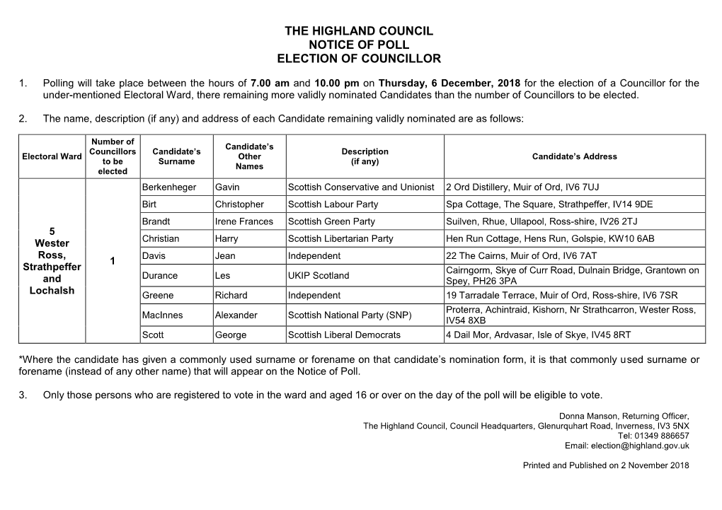 The Highland Council Notice of Poll Election of Councillor