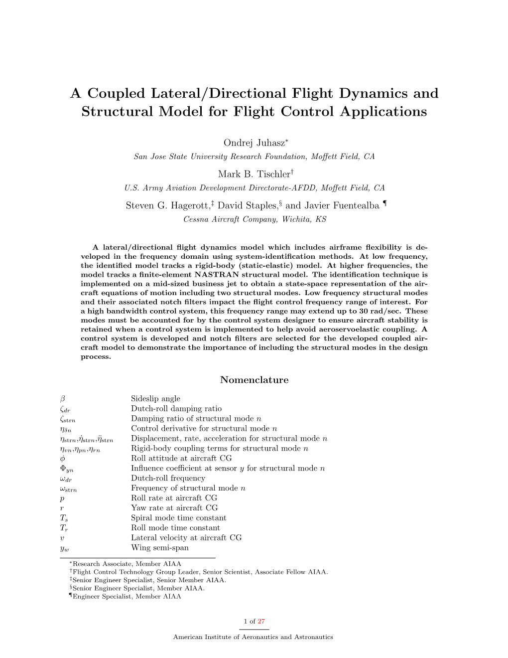 A Coupled Lateral/Directional Flight Dynamics and Structural Model for Flight Control Applications