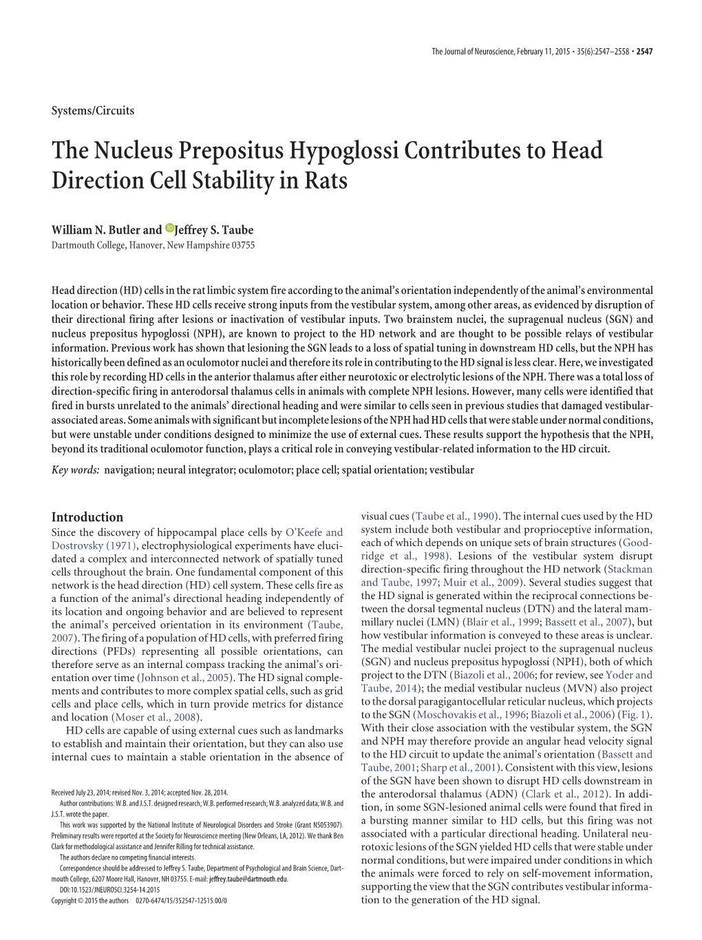 The Nucleus Prepositus Hypoglossi Contributes to Head Direction Cell Stability in Rats