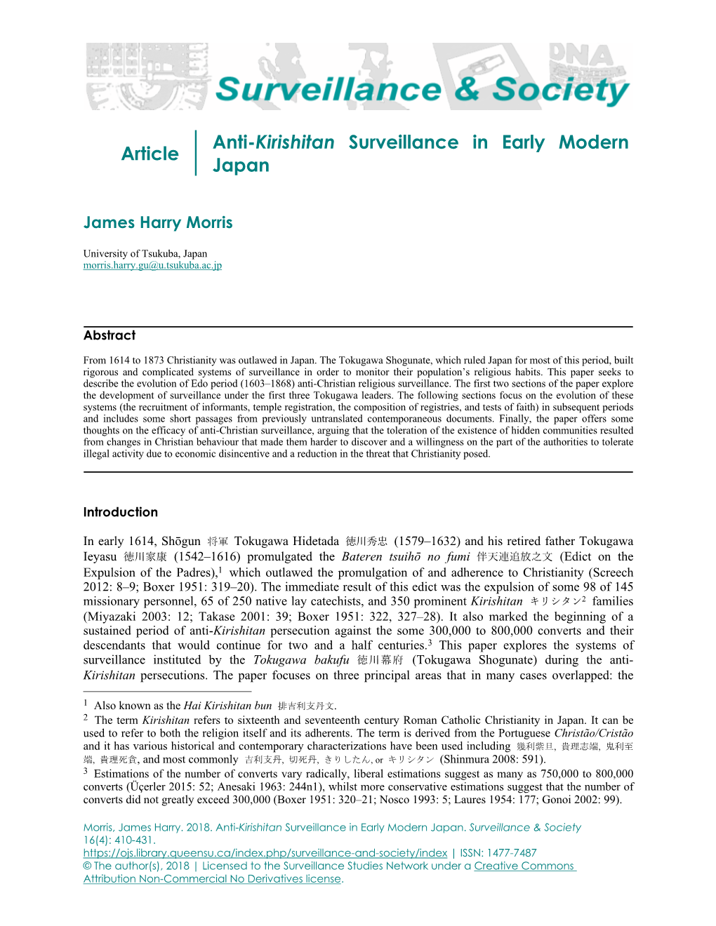 Article Anti-Kirishitan Surveillance in Early Modern Japan