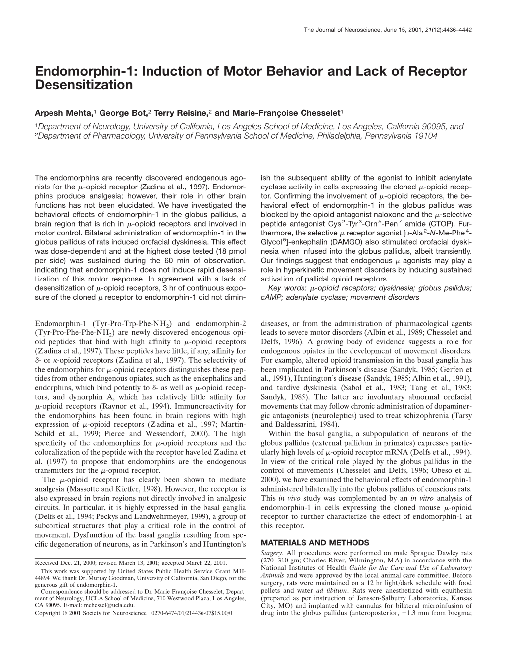 Endomorphin-1: Induction of Motor Behavior and Lack of Receptor Desensitization