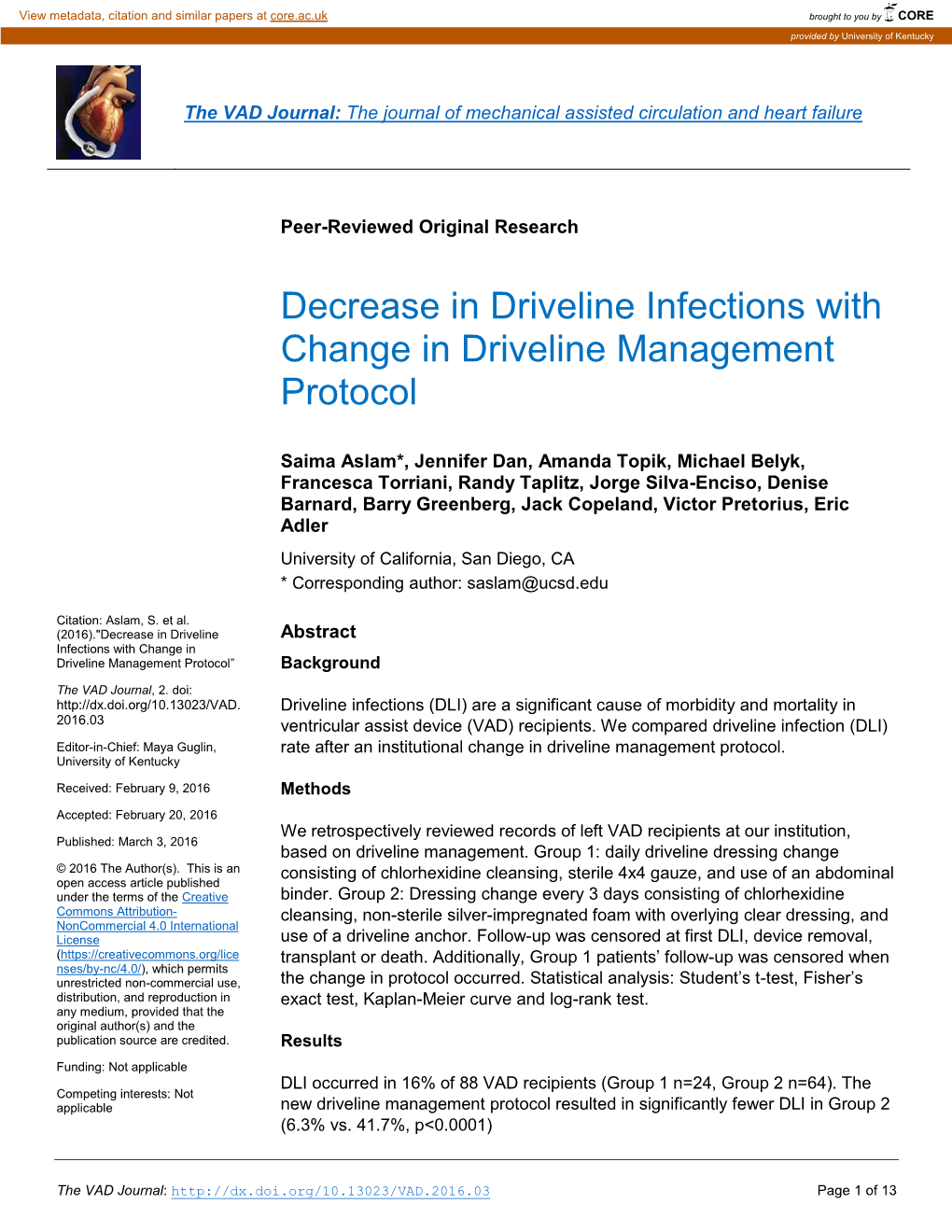 Decrease in Driveline Infections with Change in Driveline Management Protocol