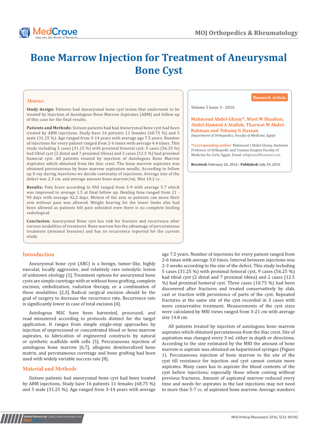 Bone Marrow Injection for Treatment of Aneurysmal Bone Cyst