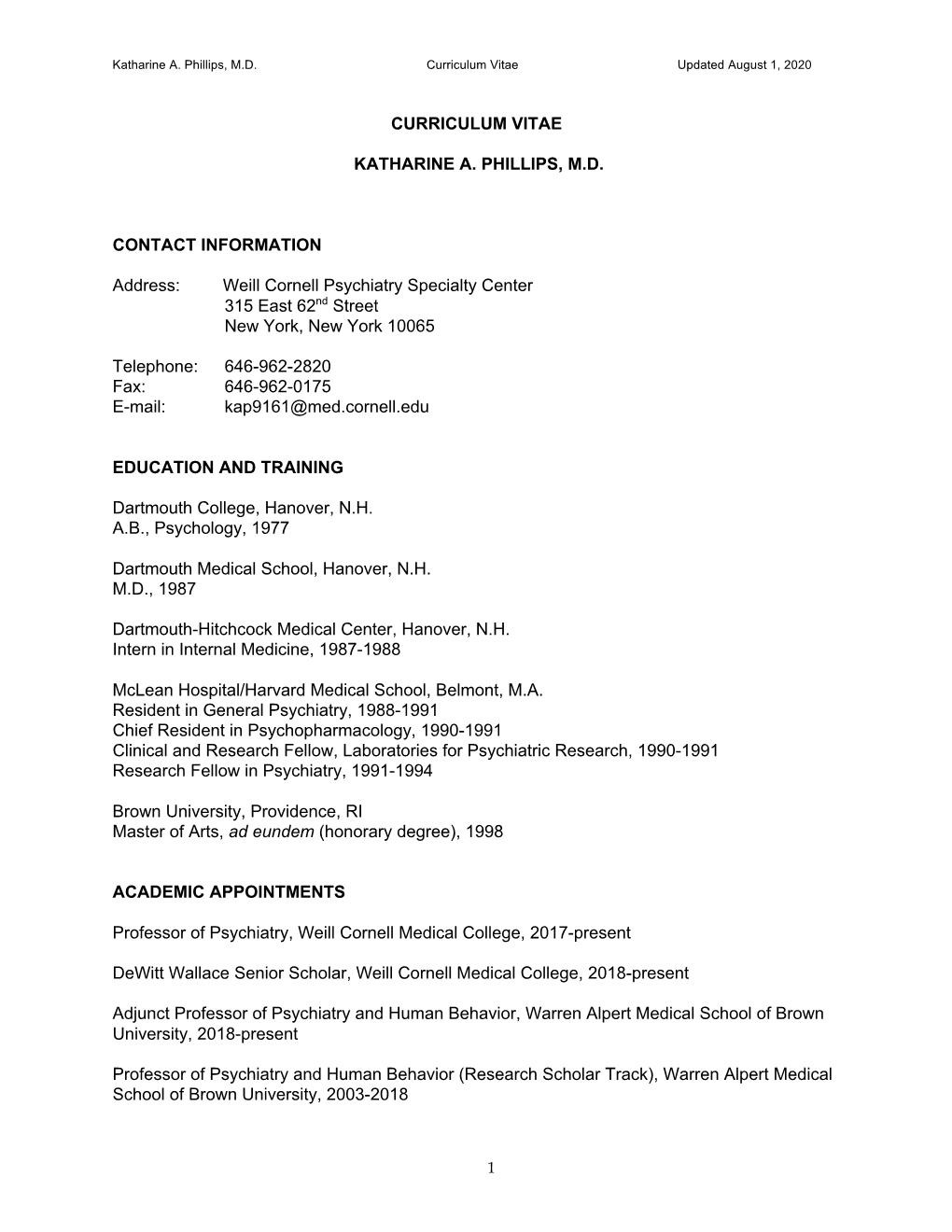 Curriculum Vitae Katharine A. Phillips, M.D. Contact