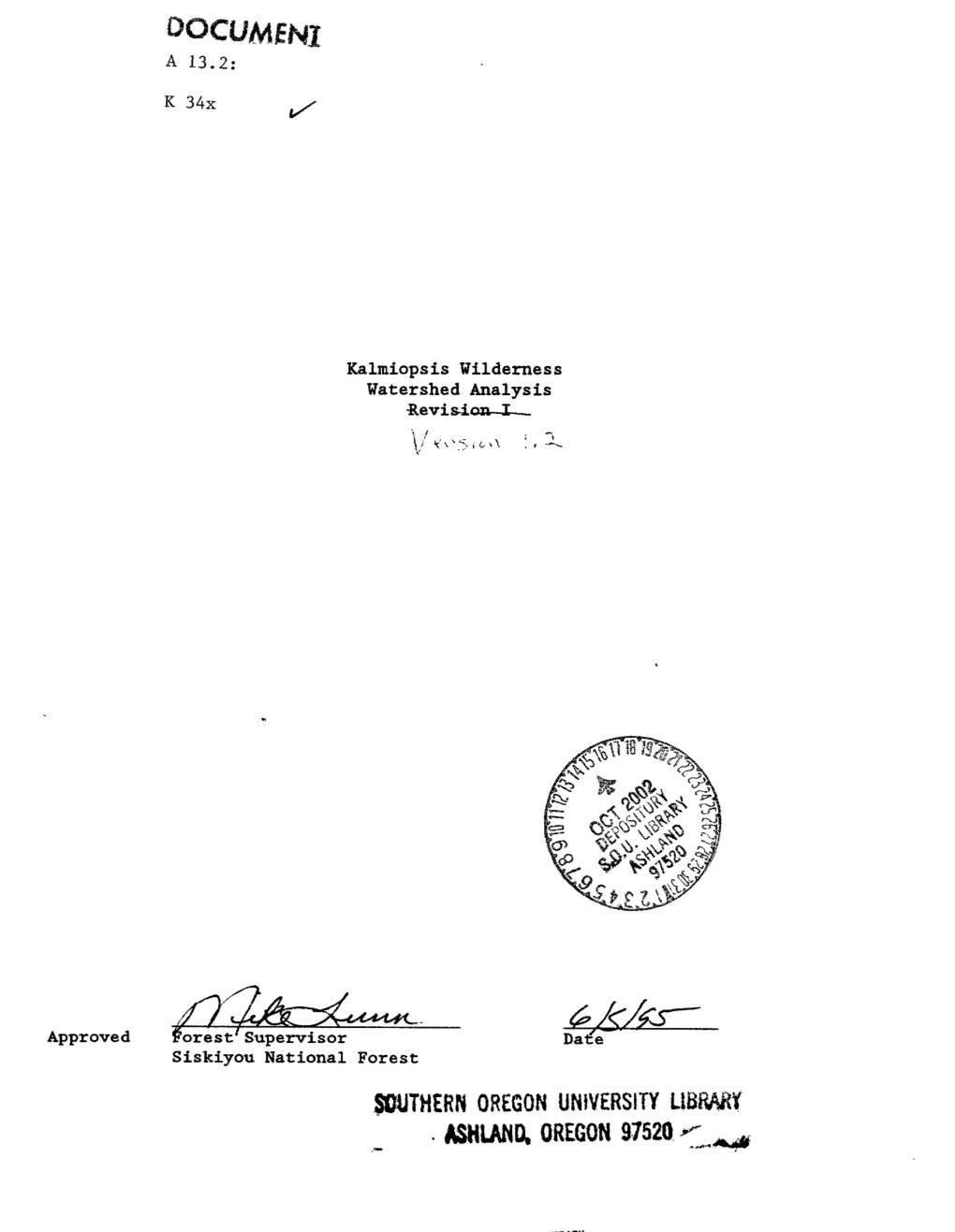 Kalmiopsis Wilderness Watershed Analysis Revis-Ion-I