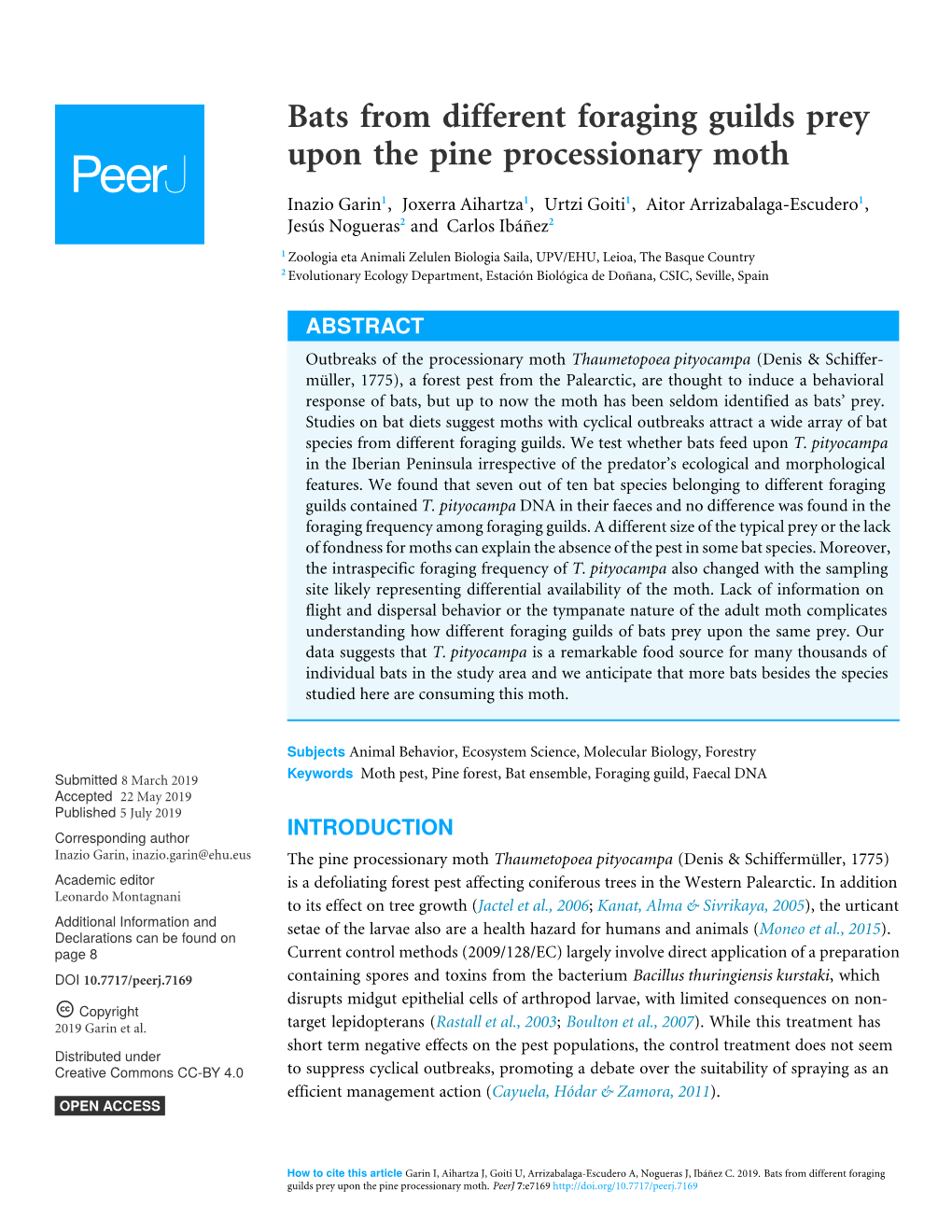 Bats from Different Foraging Guilds Prey Upon the Pine Processionary Moth