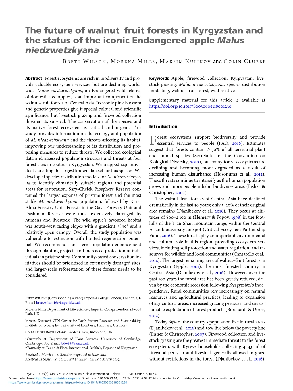 The Future of Walnut–Fruit Forests in Kyrgyzstan and the Status of the Iconic Endangered Apple Malus Niedzwetzkyana