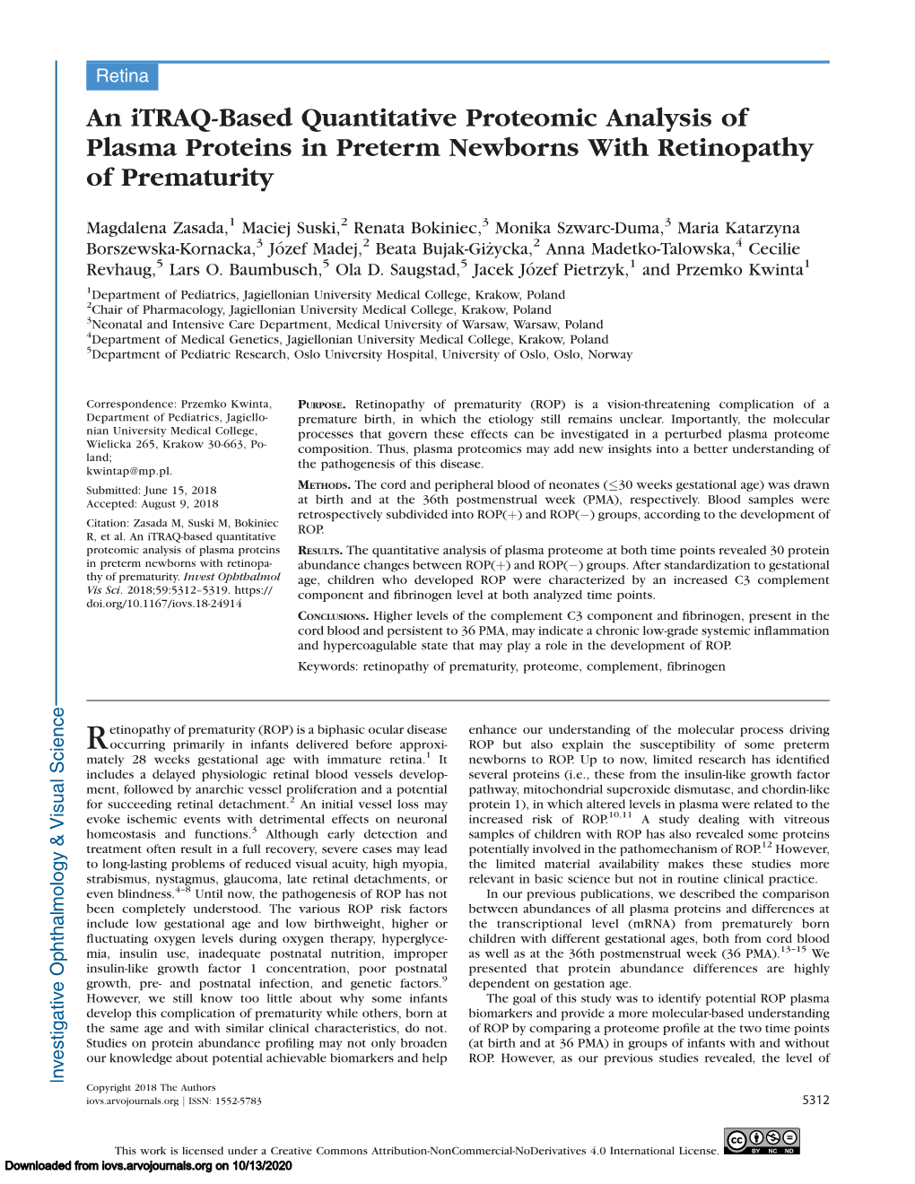 An Itraq-Based Quantitative Proteomic Analysis of Plasma Proteins in Preterm Newborns with Retinopathy of Prematurity