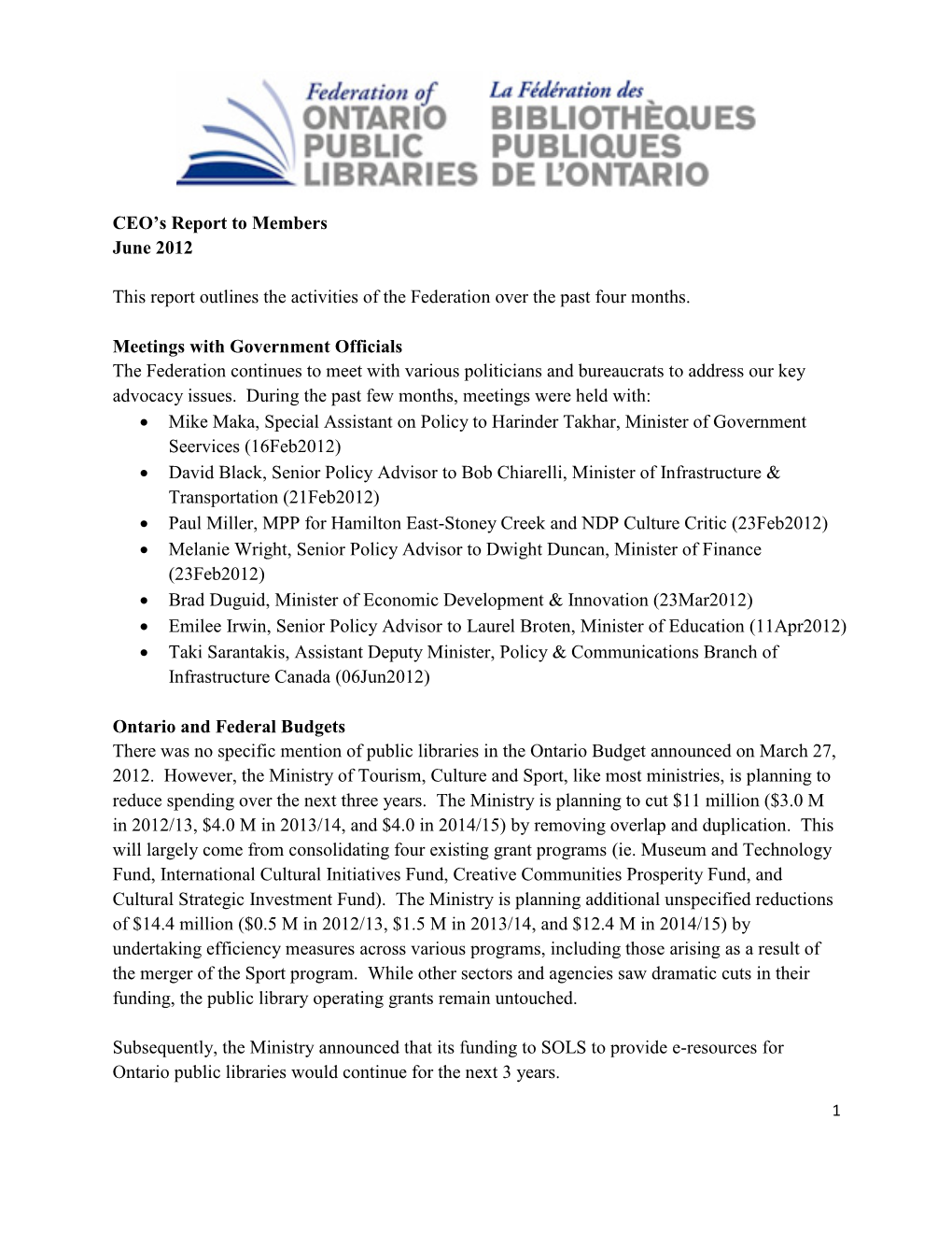 Federation of Ontario Public Libraries, CEO's Report to Members, June, 2012