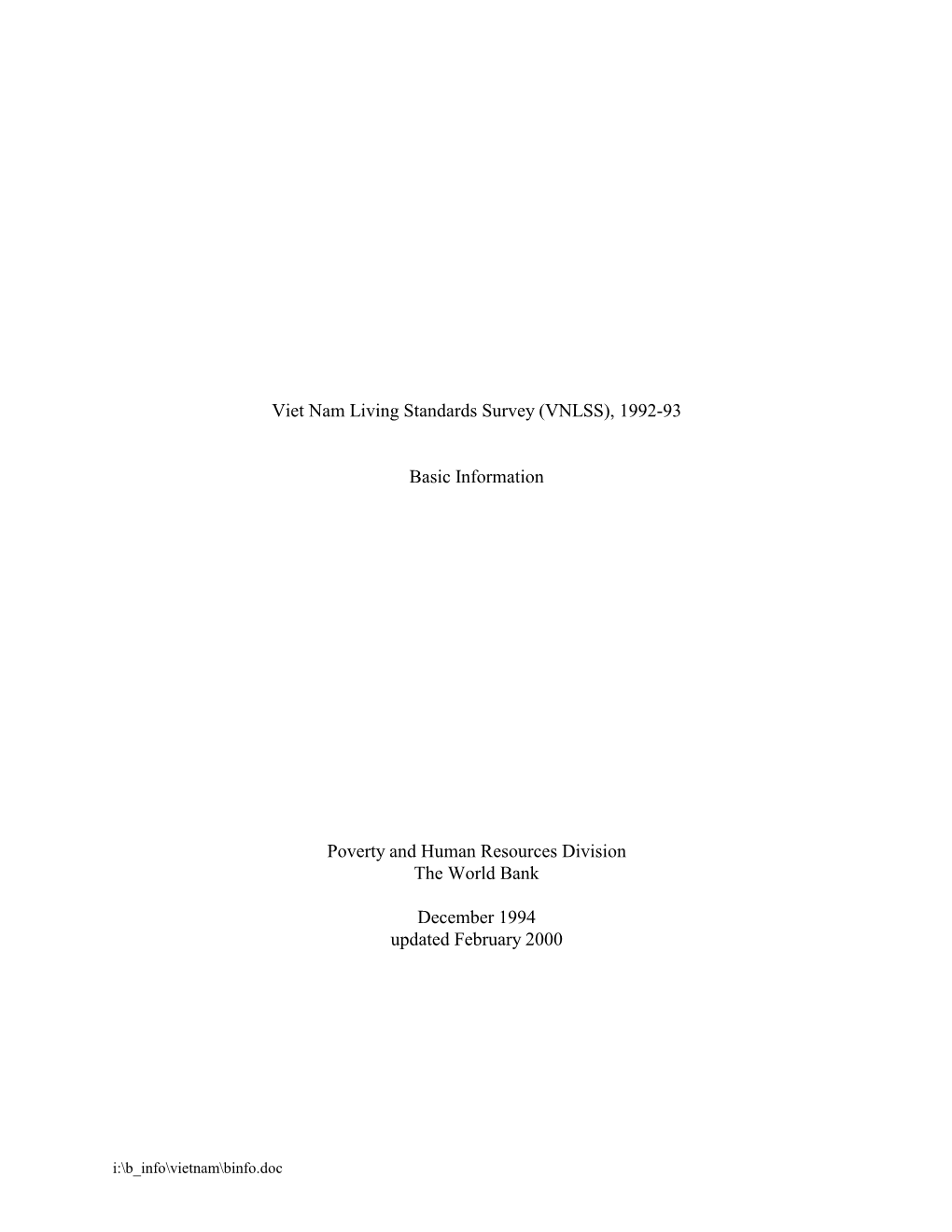 Viet Nam Living Standards Survey (VNLSS), 1992-93