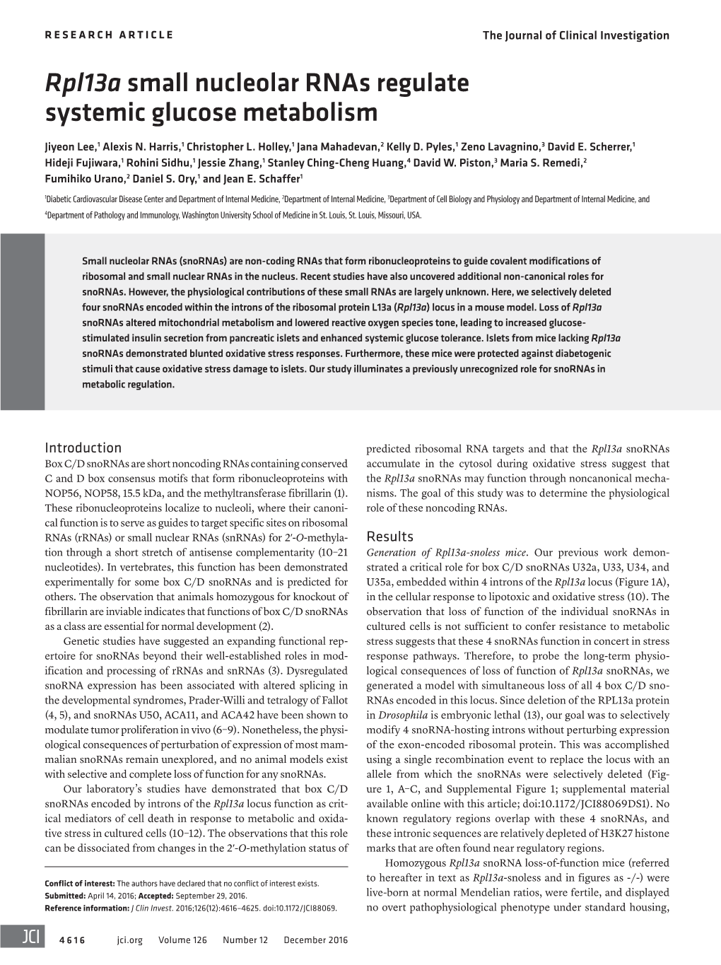 Rpl13a Small Nucleolar Rnas Regulate Systemic Glucose Metabolism