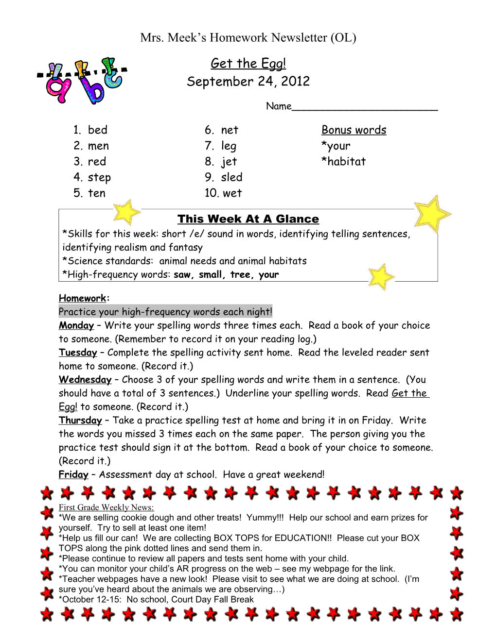 Mrs. Meek S Homework Newsletter (OL)