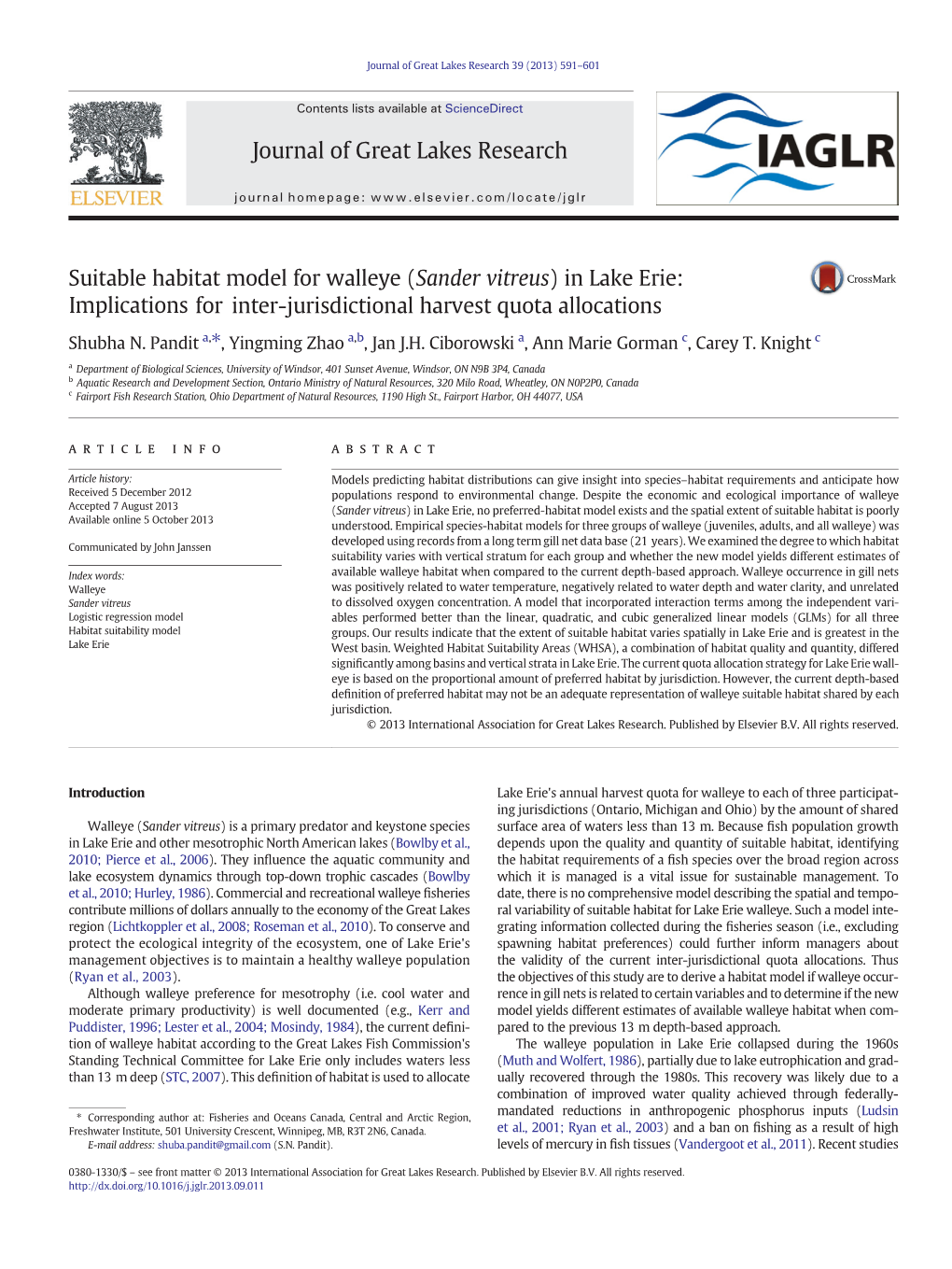 Suitable Habitat Model for Walleye (Sander Vitreus) in Lake Erie: Implications for Inter-Jurisdictional Harvest Quota Allocations