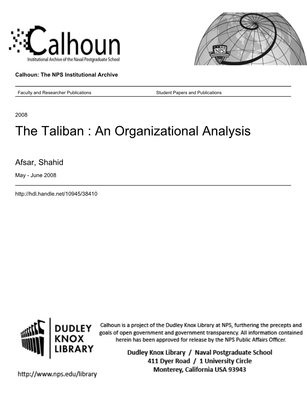 The Taliban : an Organizational Analysis