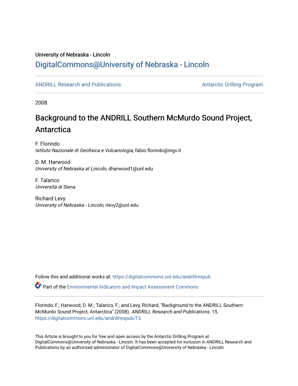 Background to the ANDRILL Southern Mcmurdo Sound Project, Antarctica