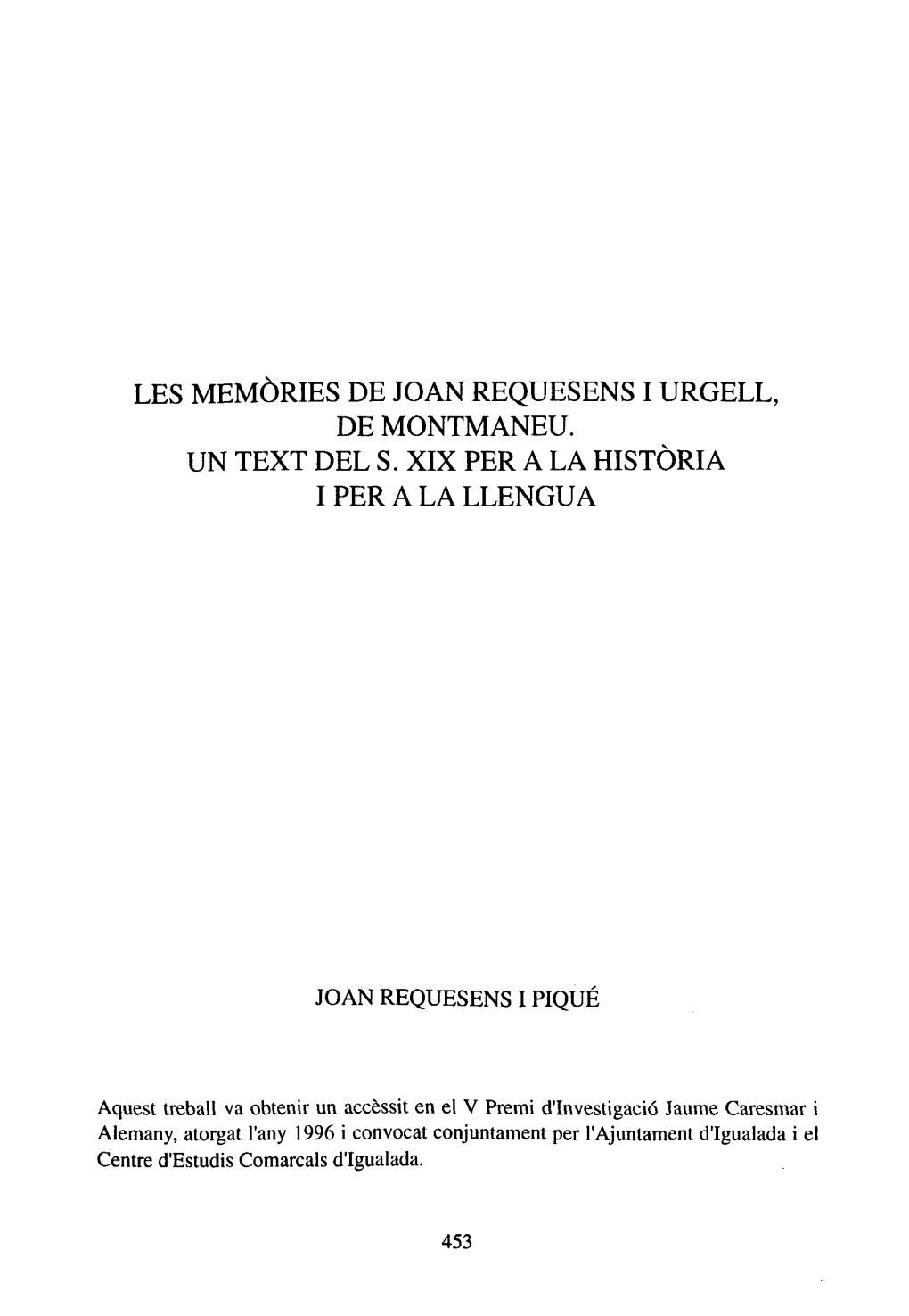 Les Memòries De Joan Requesens I Urgell, De Montmaneu