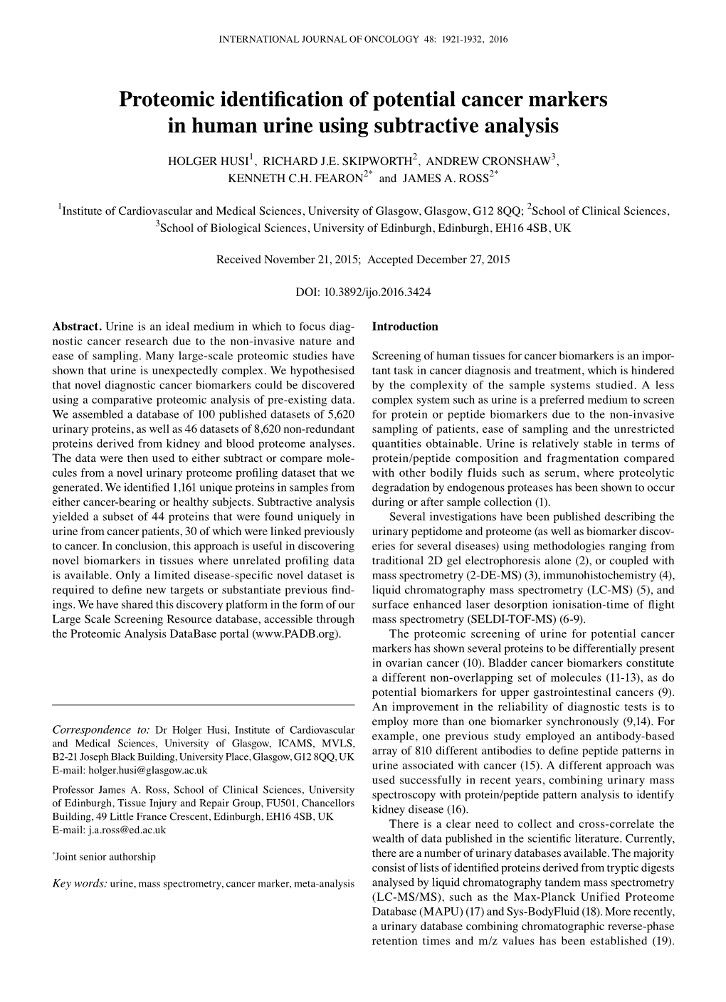 Proteomic Identification of Potential Cancer Markers in Human Urine Using Subtractive Analysis