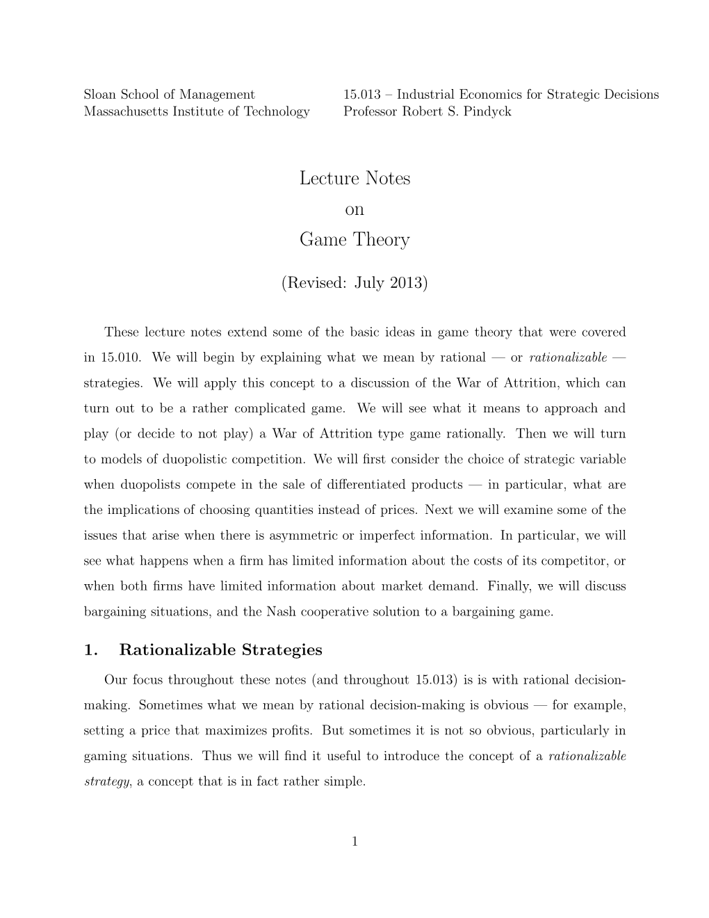 Lecture Notes on Game Theory