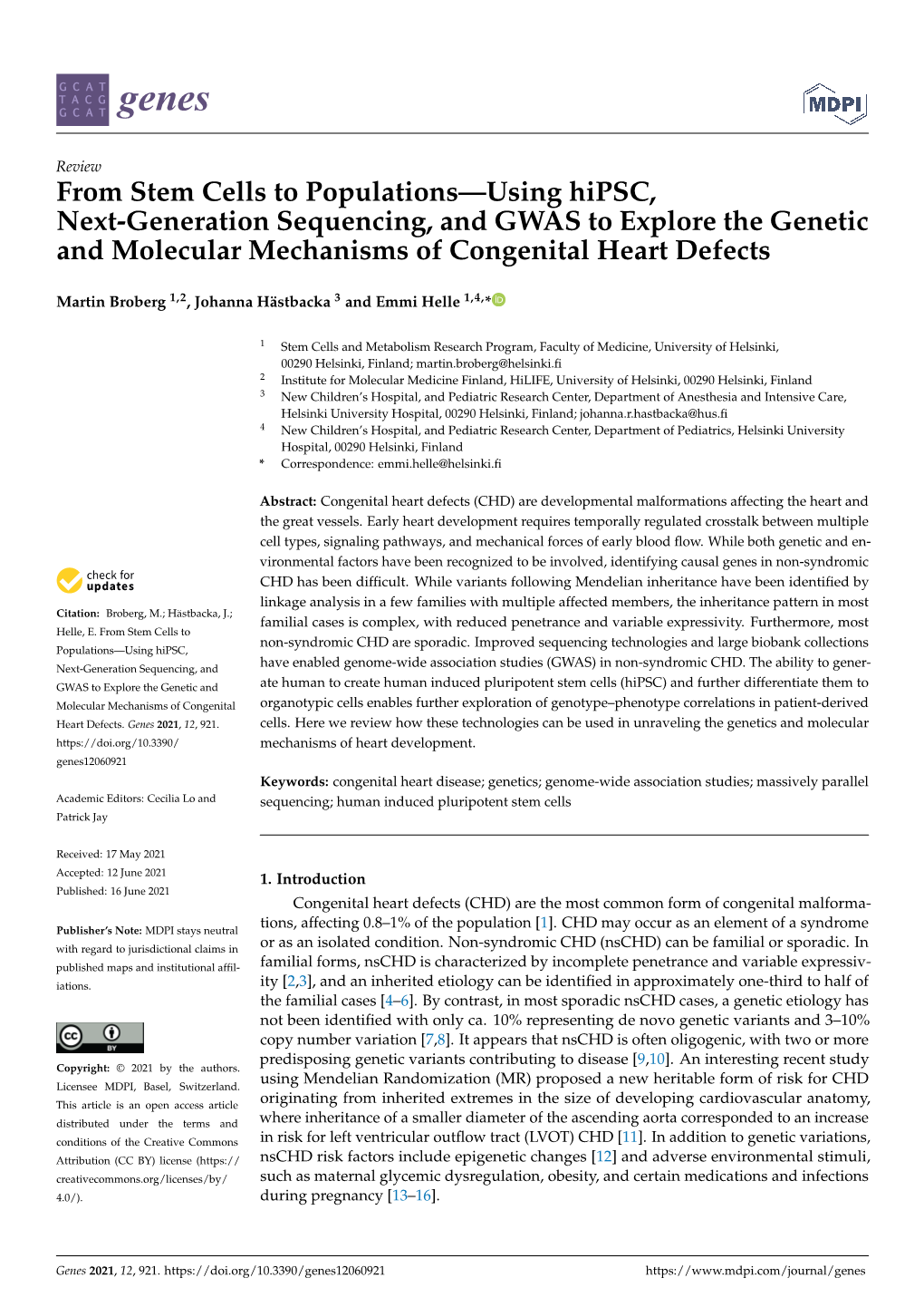 From Stem Cells to Populations—Using Hipsc, Next-Generation Sequencing, and GWAS to Explore the Genetic and Molecular Mechanisms of Congenital Heart Defects