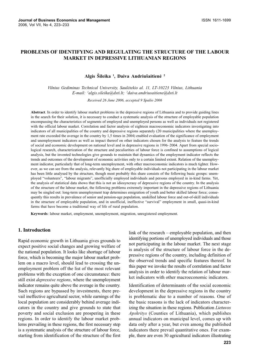 Problems of Identifying and Regulating the Structure of the Labour Market in Depressive Lithuanian Regions