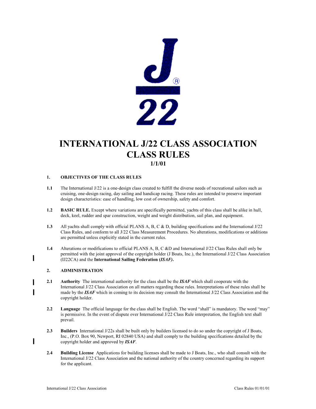 International J/22 Class Association Class Rules 1/1/01