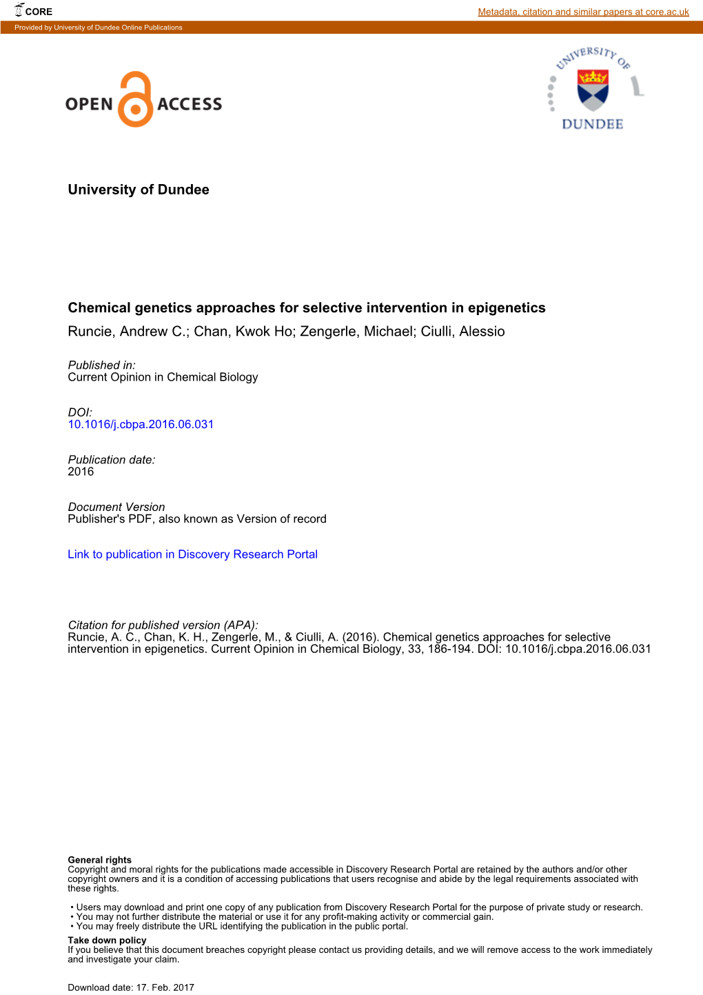 University of Dundee Chemical Genetics Approaches For