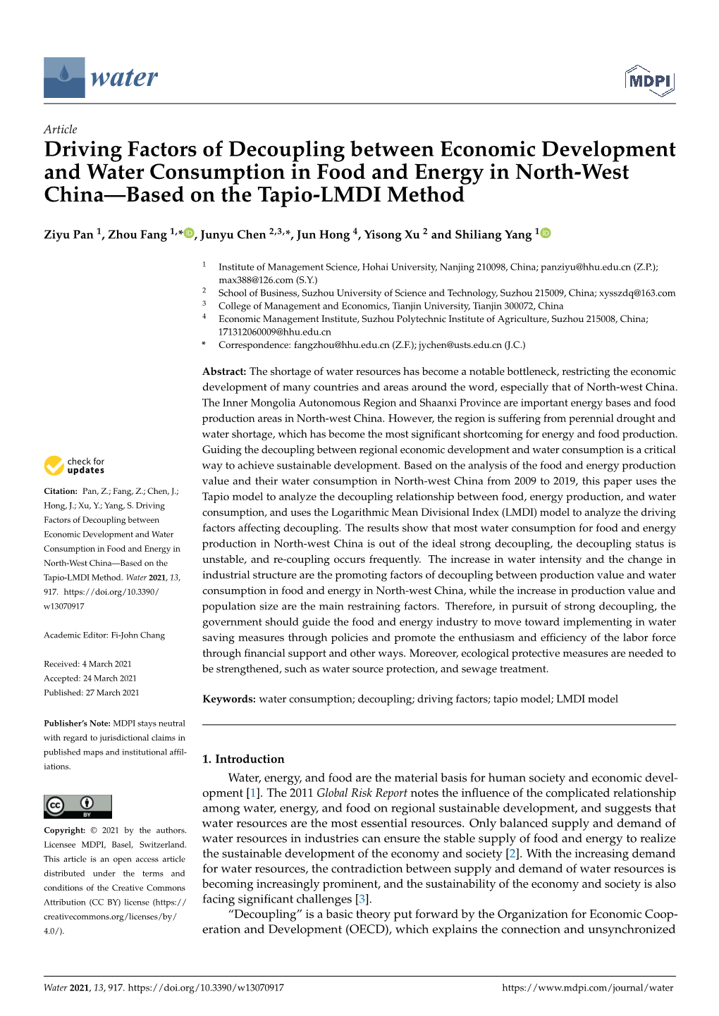 Driving Factors of Decoupling Between Economic Development and Water Consumption in Food and Energy in North-West China—Based on the Tapio-LMDI Method